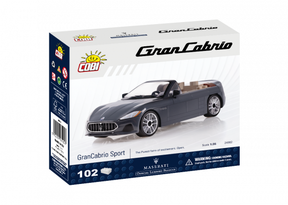 瑪莎拉蒂GranCabrio Sport COBI模型套件 壁紙 — 一輛時尚的灰色Maserati GranCabrio Sport模型車，放在帶有藍白品牌的Cobi建築套裝盒中。