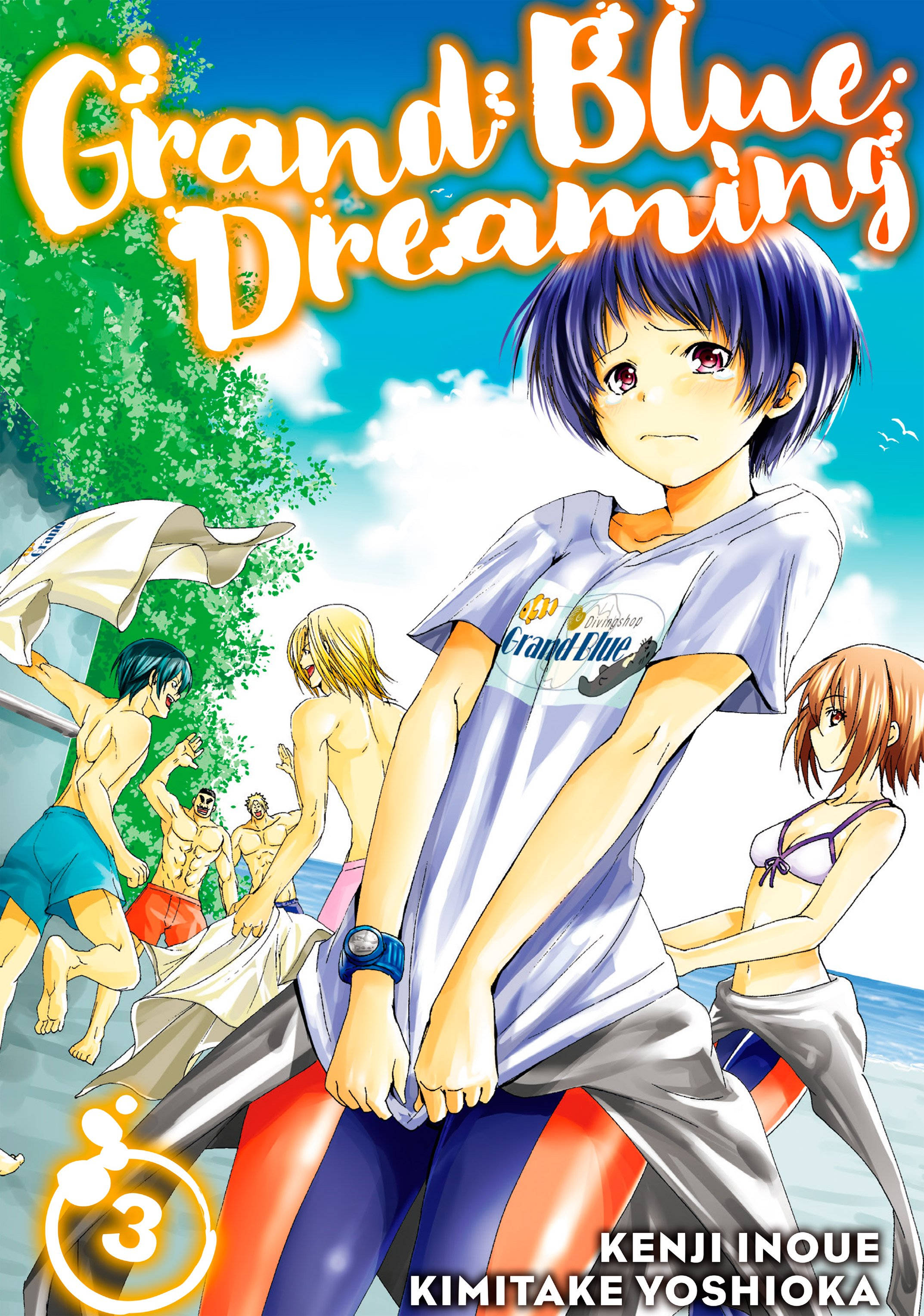 Grand Blue Dreaming 壁紙 — 一個藍髮動漫男孩穿著 'Grand Blue' 襯衫，在晴朗的藍天下與朋友坐在沙灘的衝浪板上。