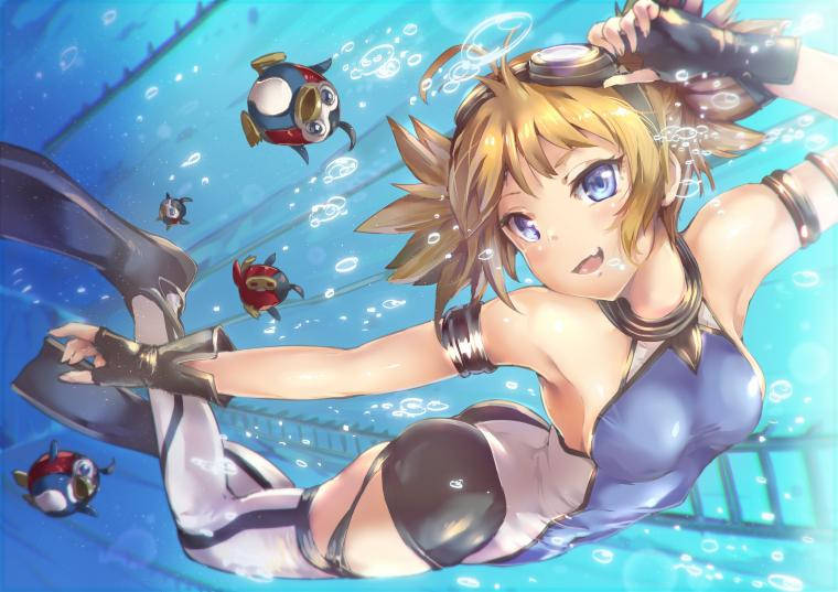 動漫女孩在水下與魚和氣泡一起游泳