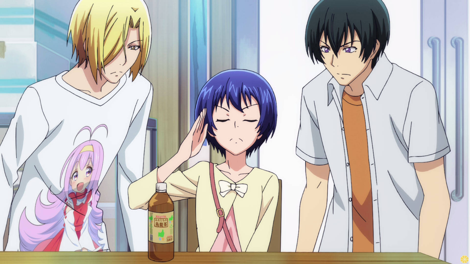 《Grand Blue》：小愛、蛋糕與蘿莉 壁紙 — 三個動漫角色在廚房場景中，一個女孩坐在桌旁揉太陽穴，兩個男孩站在她旁邊。