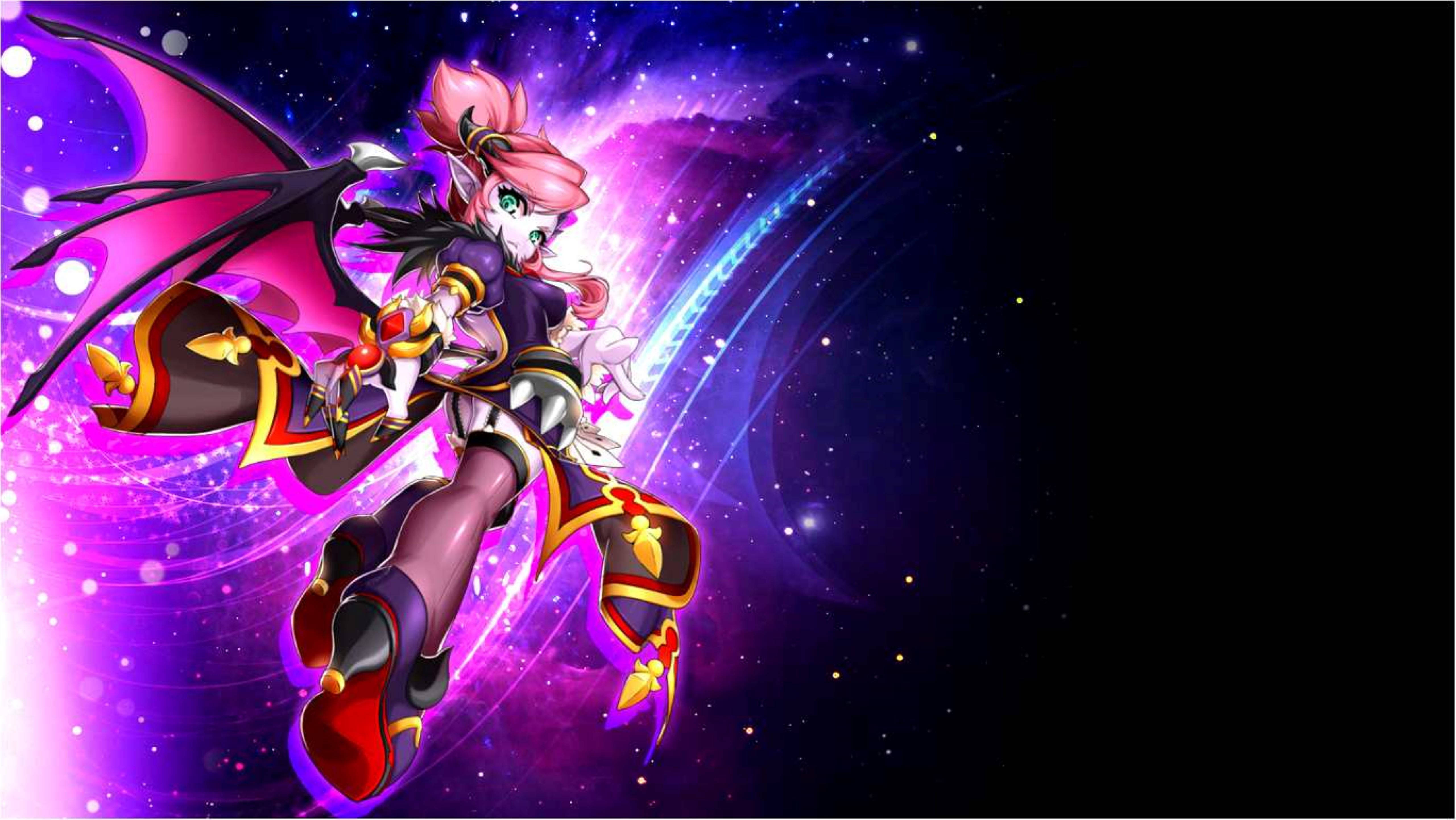 《Grand Chase》雷伊·霓虹星際 壁紙 — 一個粉紅色頭髮、蝙蝠翅膀的動漫女孩，動態地飛過充滿星星的充滿活力的宇宙星雲。