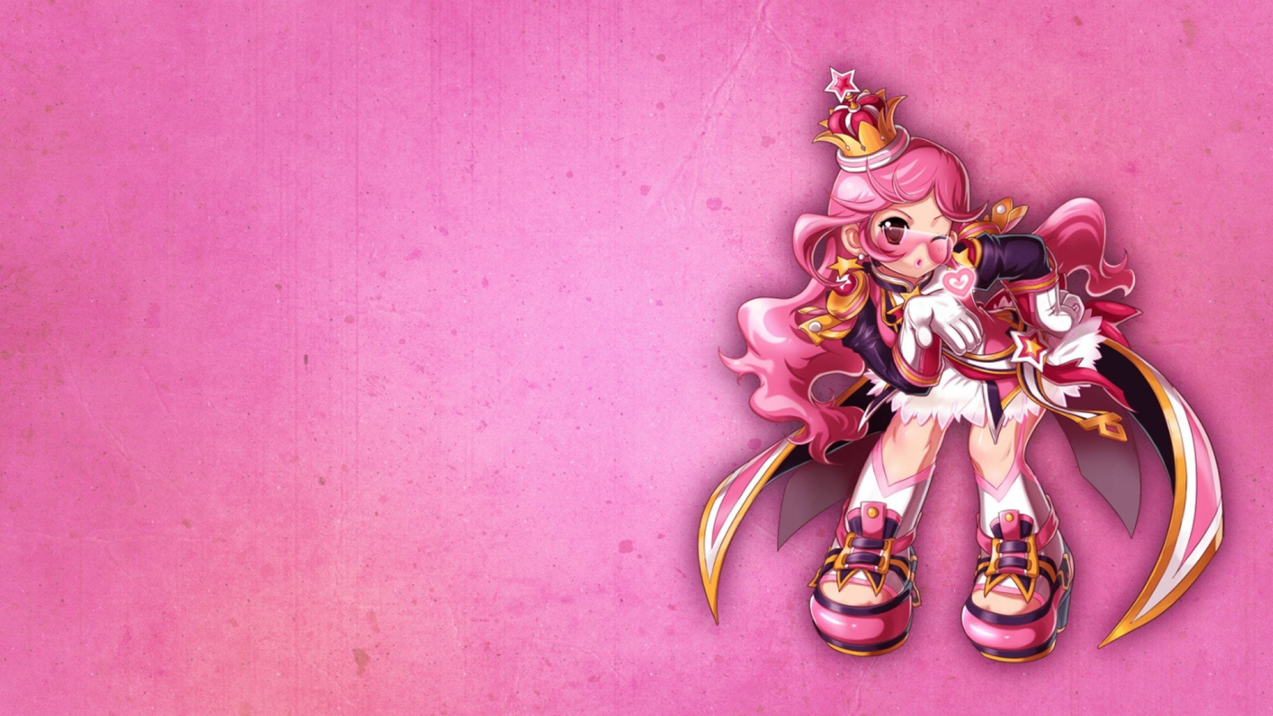 Grand Chase Amy 粉色藝術 壁紙 — 一位粉紅色頭髮的動漫女孩穿著皇家服裝，自信地站在有紋理的粉紅色背景前。