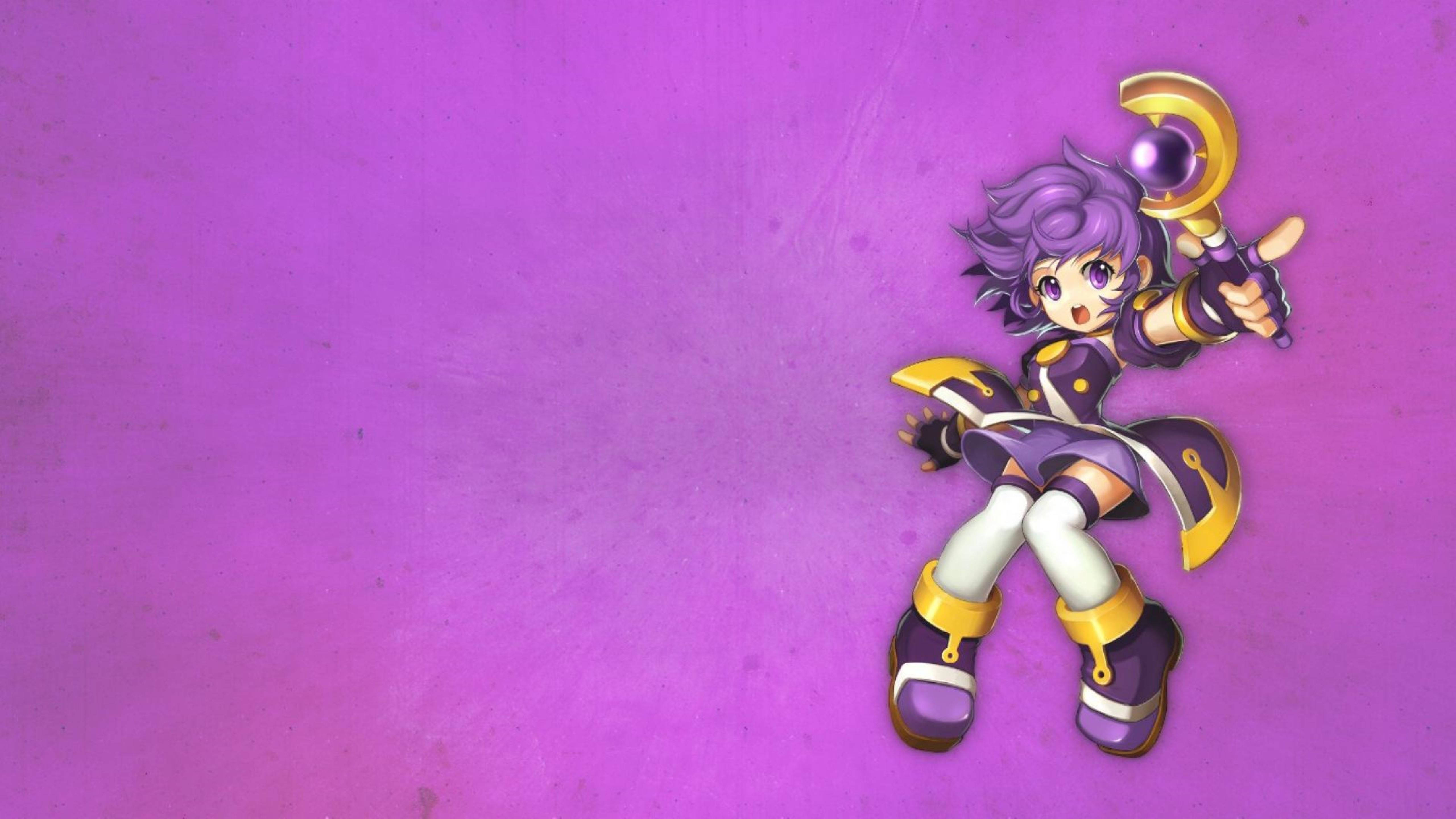 Grand Chase Arme 紫色藝術 壁紙 — 一個開心的紫髮動漫女孩在紋理紫色背景上揮舞著金色新月杖。
