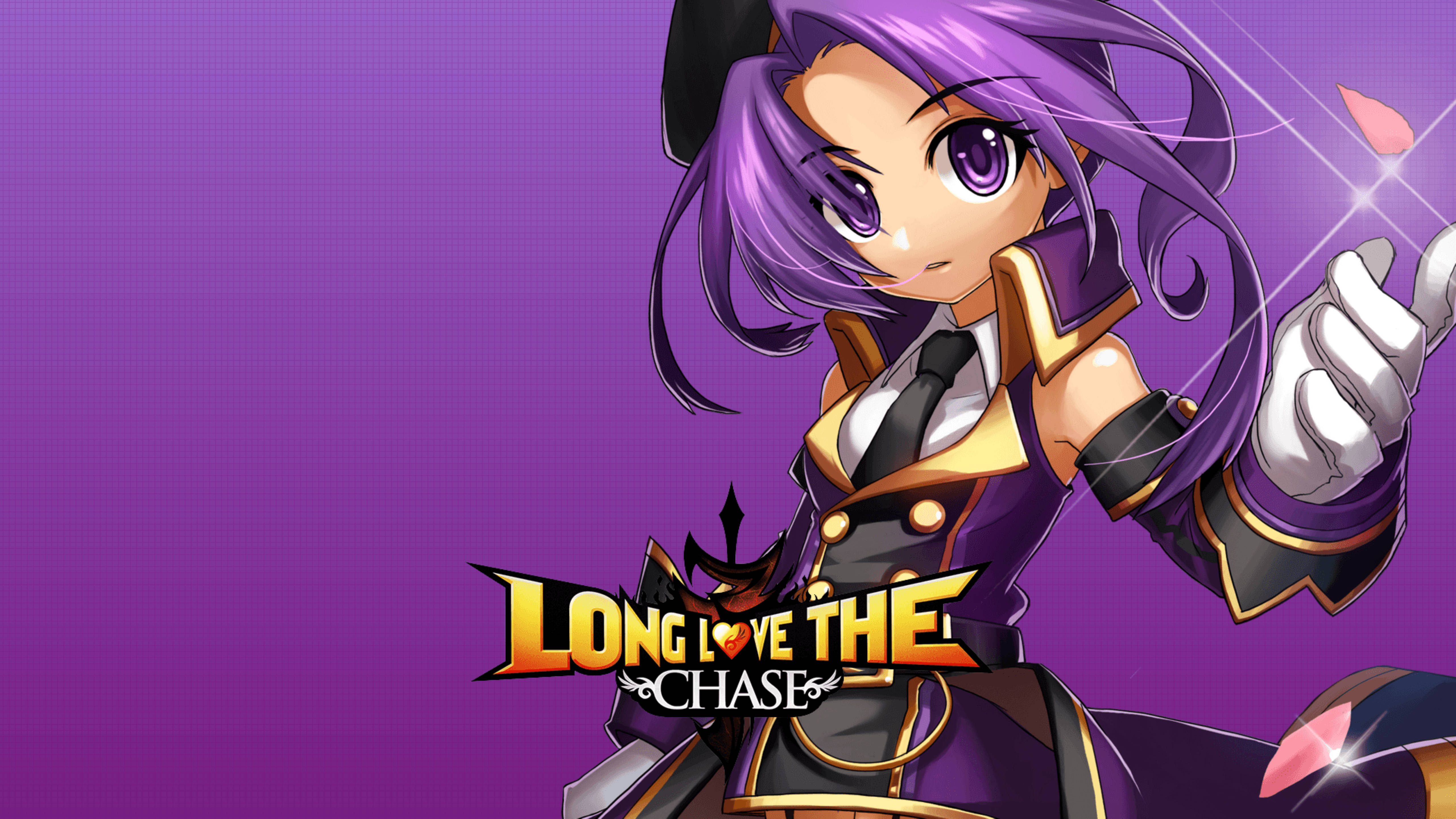Grand Chase Arme 長愛 壁紙 — 一個紫髮動漫女孩穿著紫色和金色的服裝，在純紫色背景上拿著發光的粉紅色花瓣。
