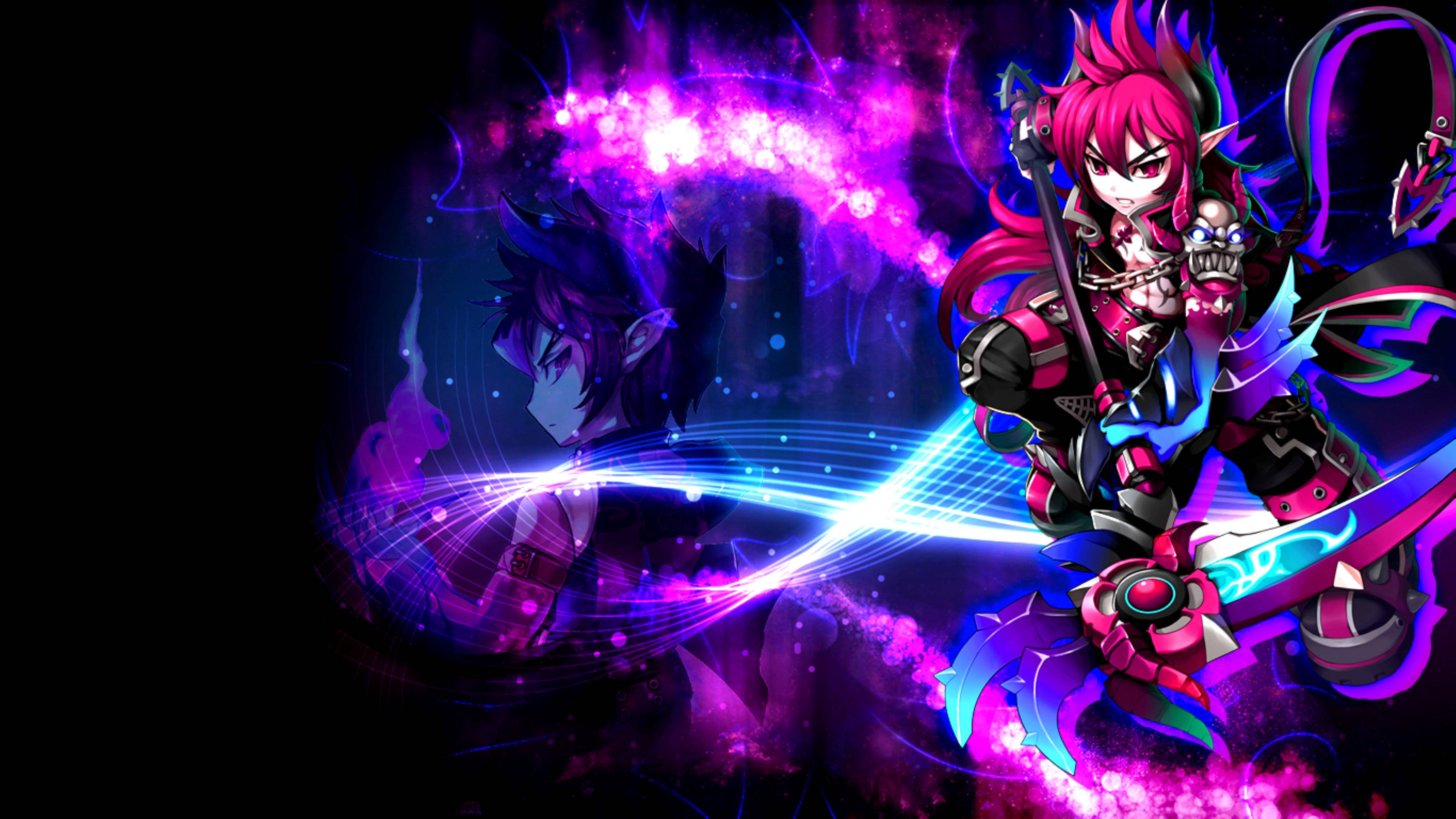 Grand Chase Dio 黑暗霓虹藝術 壁紙 — 兩個動漫角色在黑暗奇幻戰鬥場景中，以發光的紫色和藍色能量碰撞。