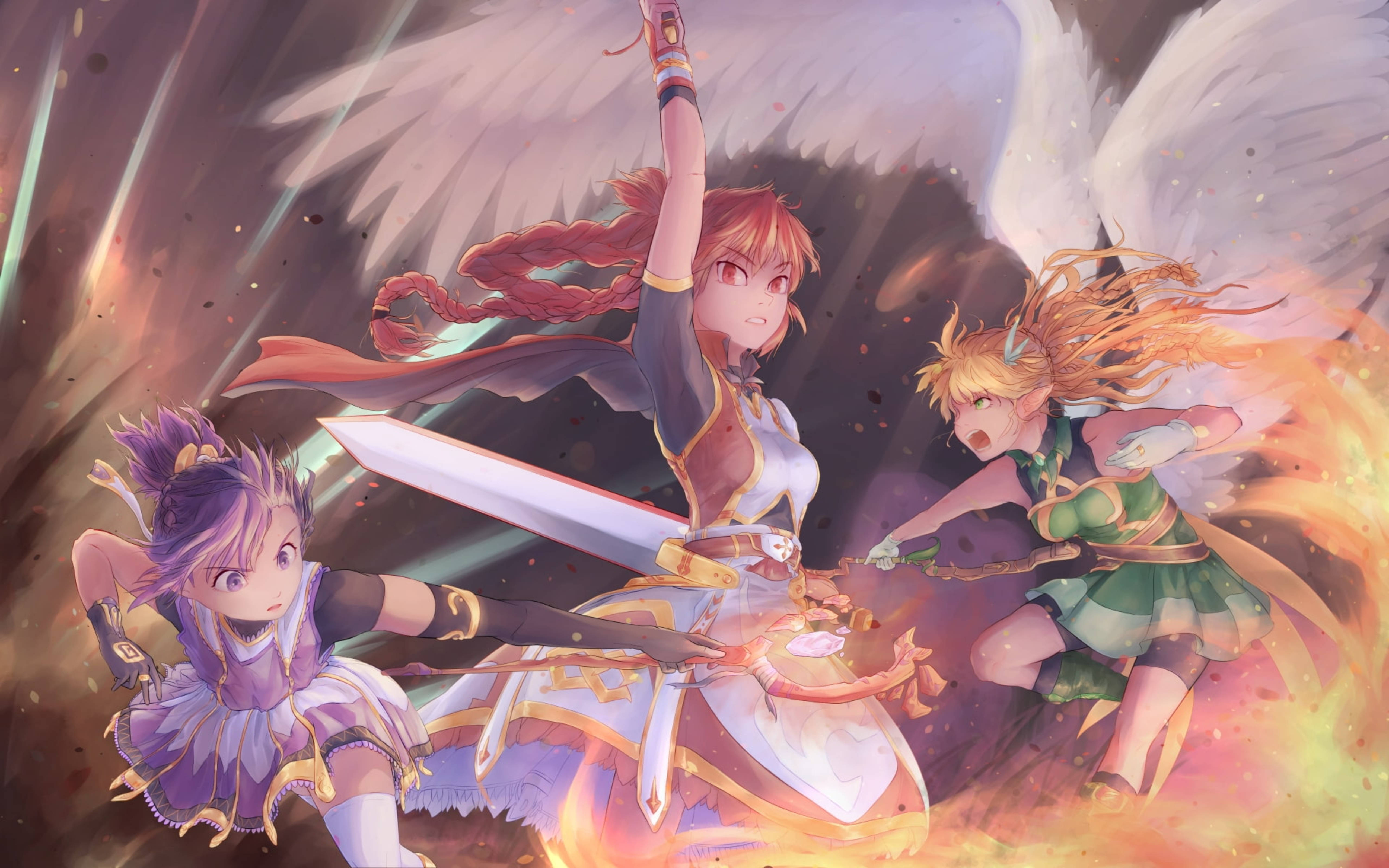 Grand Chase Elesis、Lire、Arme 聯手戰鬥 壁紙 — 三個有翅膀和劍的動漫女孩在熾熱的宇宙背景下動態戰鬥。