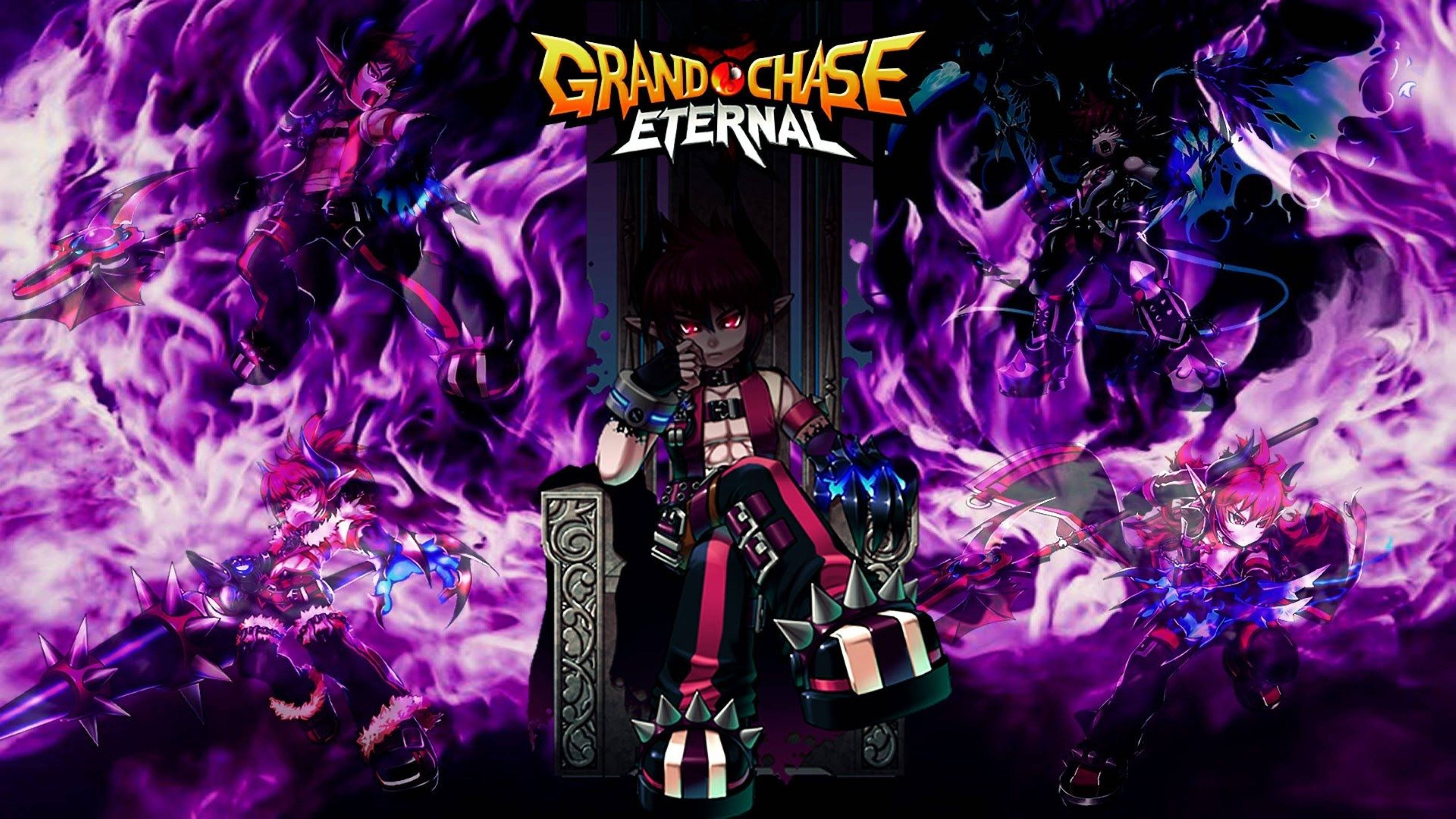 Grand Chase Eternal Dio 海報 壁紙 — 一個中央動漫角色，紅眼睛，坐在王座上，被四個其他動漫戰士包圍，周圍有旋轉的紫色火焰。