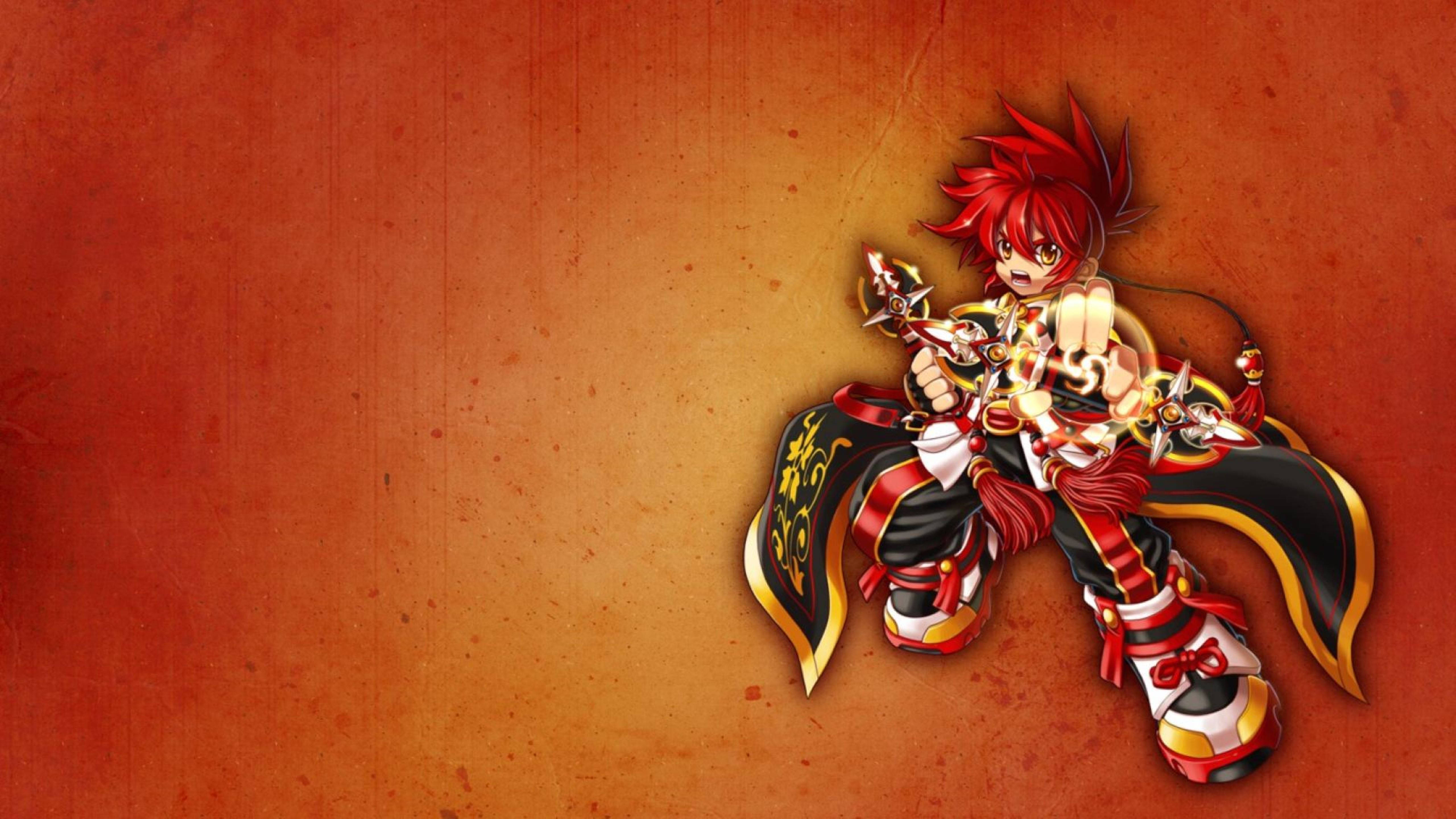 Grand Chase Jin 橙色藝術 壁紙 — 一個動態的動漫戰士，有著尖刺的紅髮，在紋理溫暖的橙色背景上揮舞著華麗的武器。