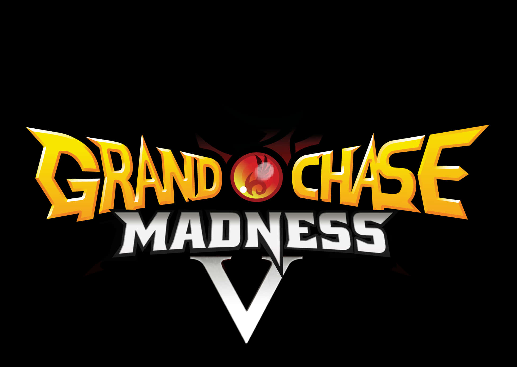 Grand Chase Madness V 標誌 壁紙 — 大膽的黃色和白色「Grand Chase Madness V」標誌，黑色背景上帶有火球。