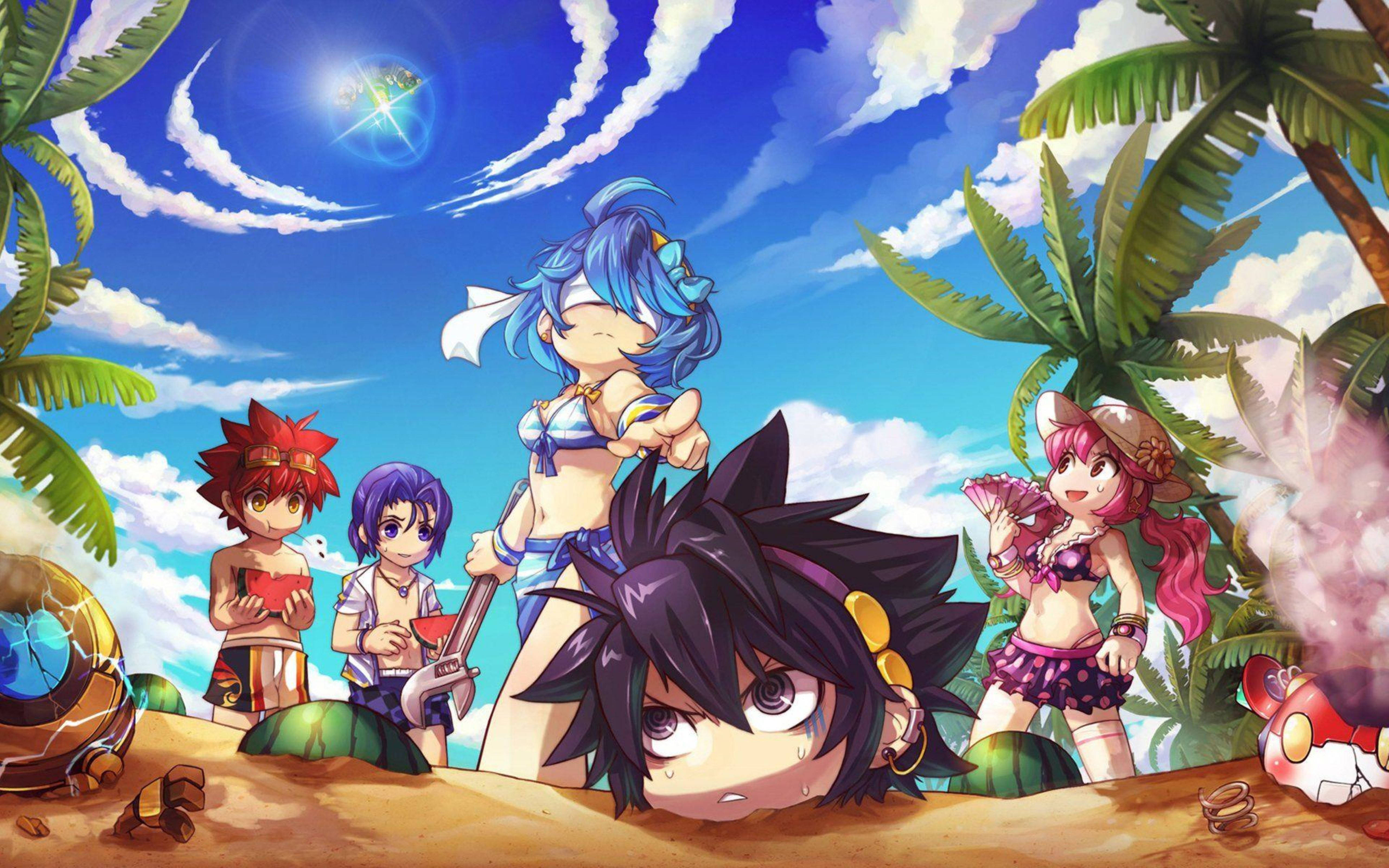 《Grand Chase》夏日海灘歡樂 壁紙 — 動漫角色在陽光明媚的熱帶海灘上放鬆，有棕櫚樹和發光的UFO在天空中。