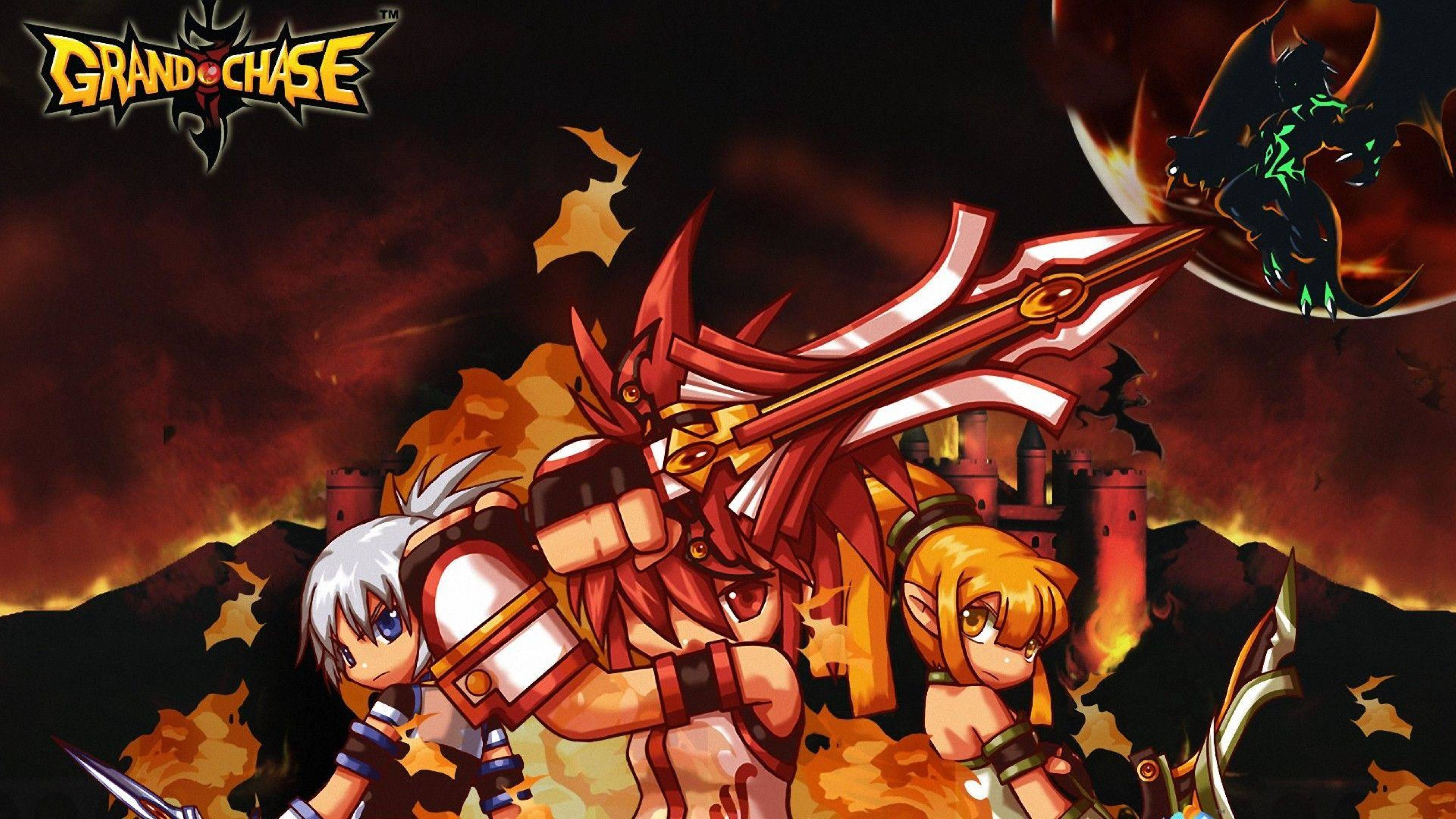 Grand Chase 城堡戰火 壁紙 — 三位動漫風格的冒險者在熾熱的日落背景下與黑暗巨龍戰鬥的奇幻遊戲場景。