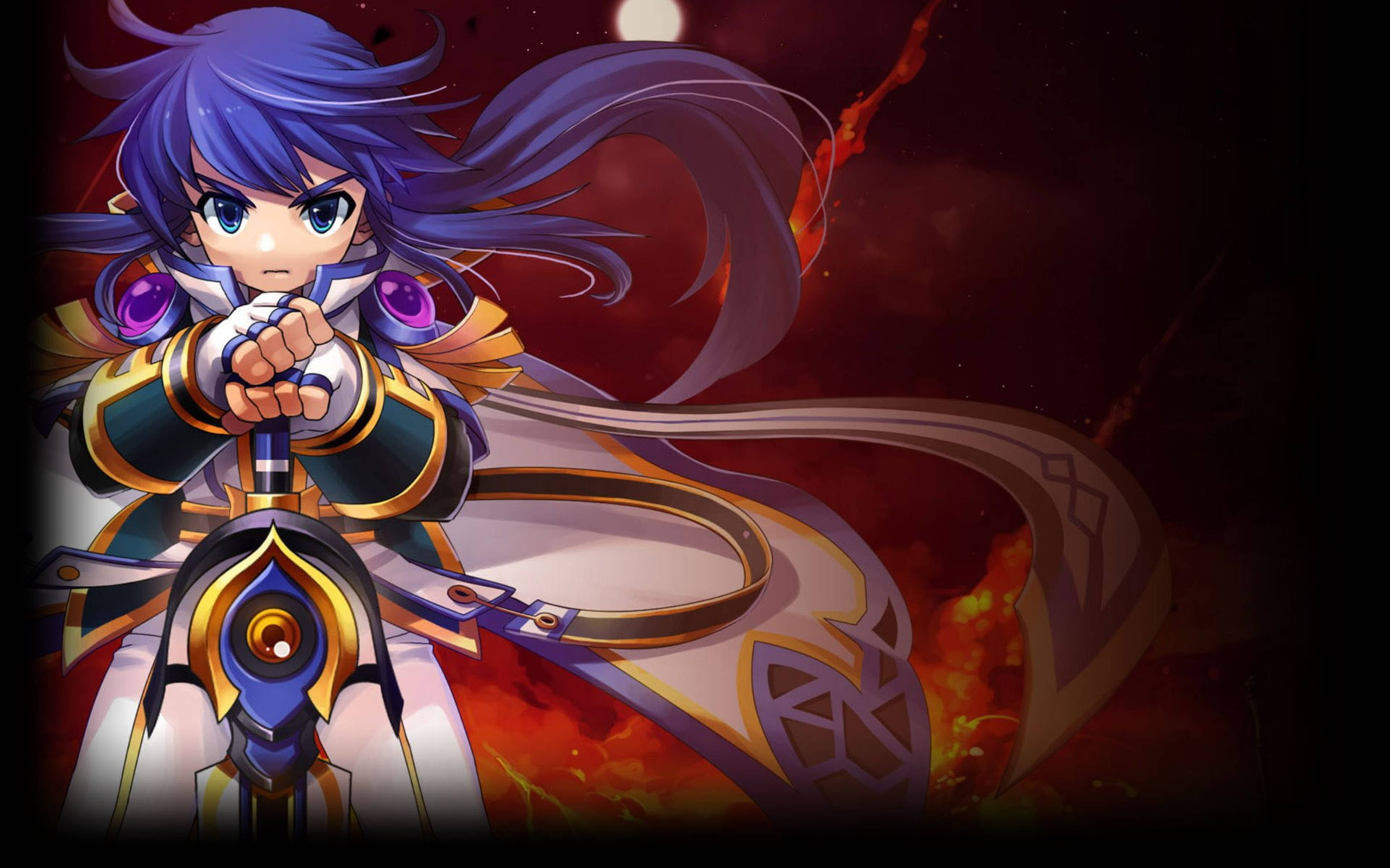《Grand Chase》羅南紅色藝術畫 壁紙 — 一位堅定的動漫戰士，紫色頭髮，揮舞著發光的劍，背景是火紅和橙色。