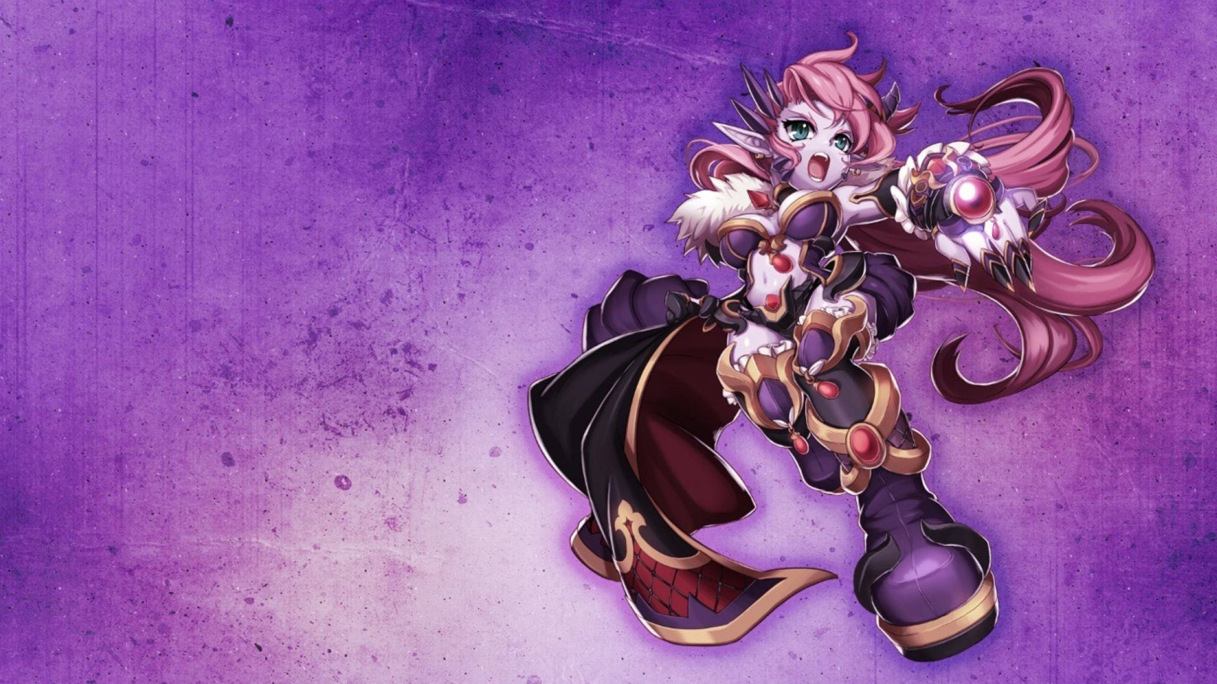 《Grand Chase》萊伊紫調藝術 壁紙 — 一個充滿活力的動漫女孩，粉紅色頭髮和發光的眼睛，在紋理紫色背景上揮舞著魔法武器。