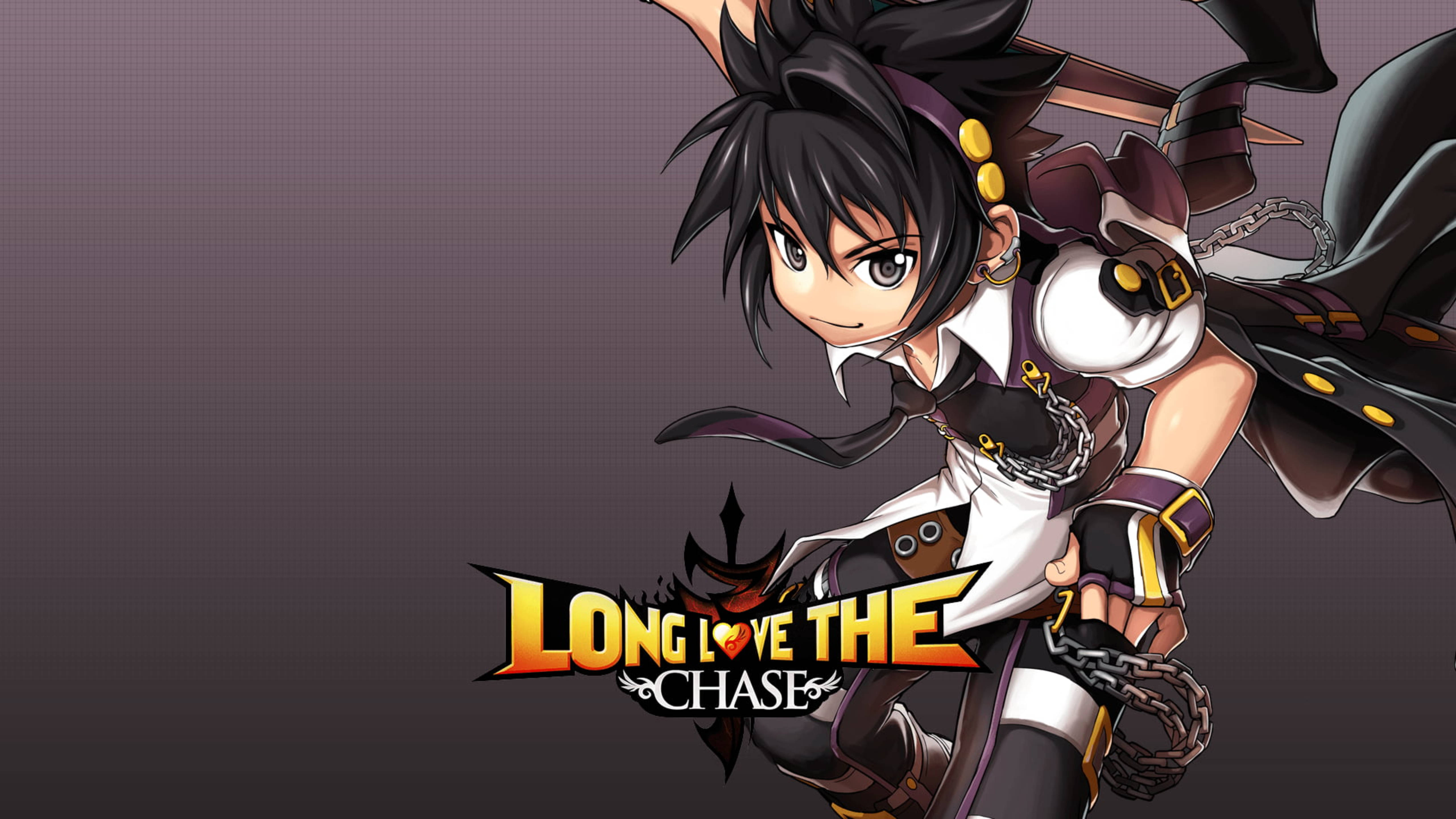 《Grand Chase》西格哈特「長愛追擊」 壁紙 — 一個充滿動感的動漫角色，黑髮和鎖鏈，在深色漸變背景前自信地擺姿勢。