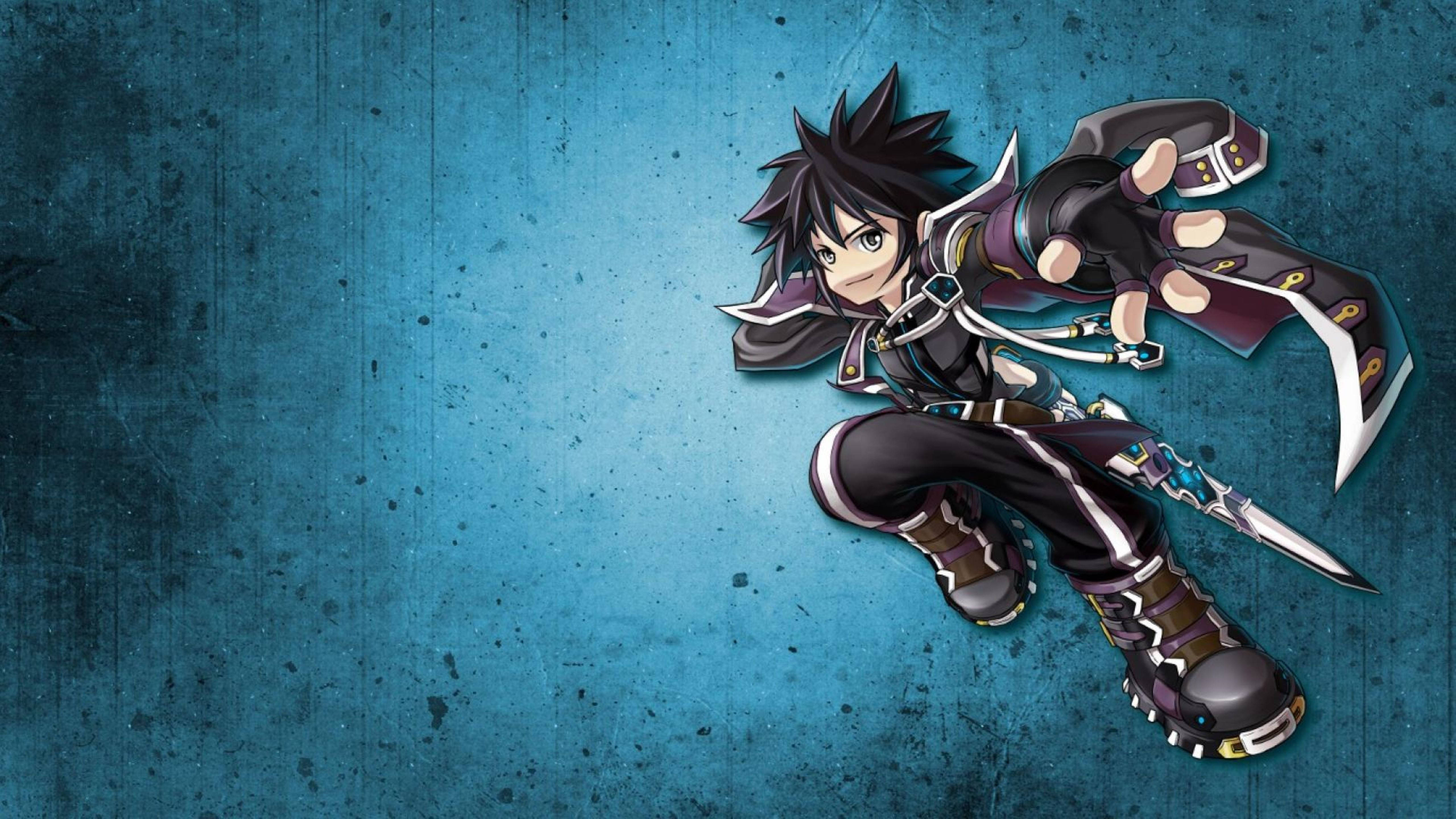 《Grand Chase》西格哈特藍色藝術畫 壁紙 — 一個動態的動漫戰士穿著黑色和紫色的盔甲，跳躍向有紋理的青綠色牆壁，手持發光的劍。