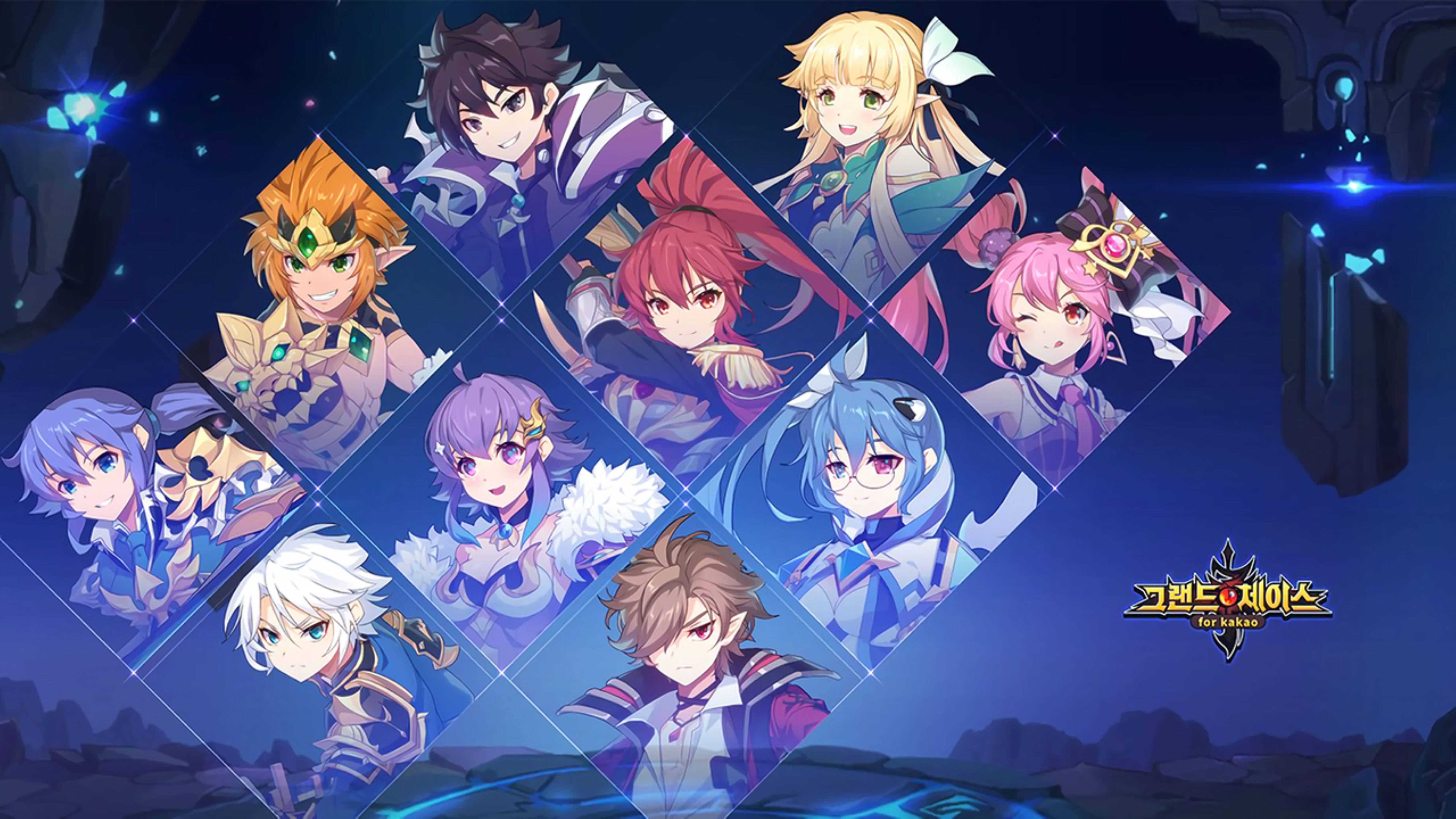 Grand Chase 角色 鑽石圖騰 壁紙 — 一張充滿活力的動漫壁紙，九個不同的奇幻角色在鑽石形面板中，背景是發光的藍色科幻背景。