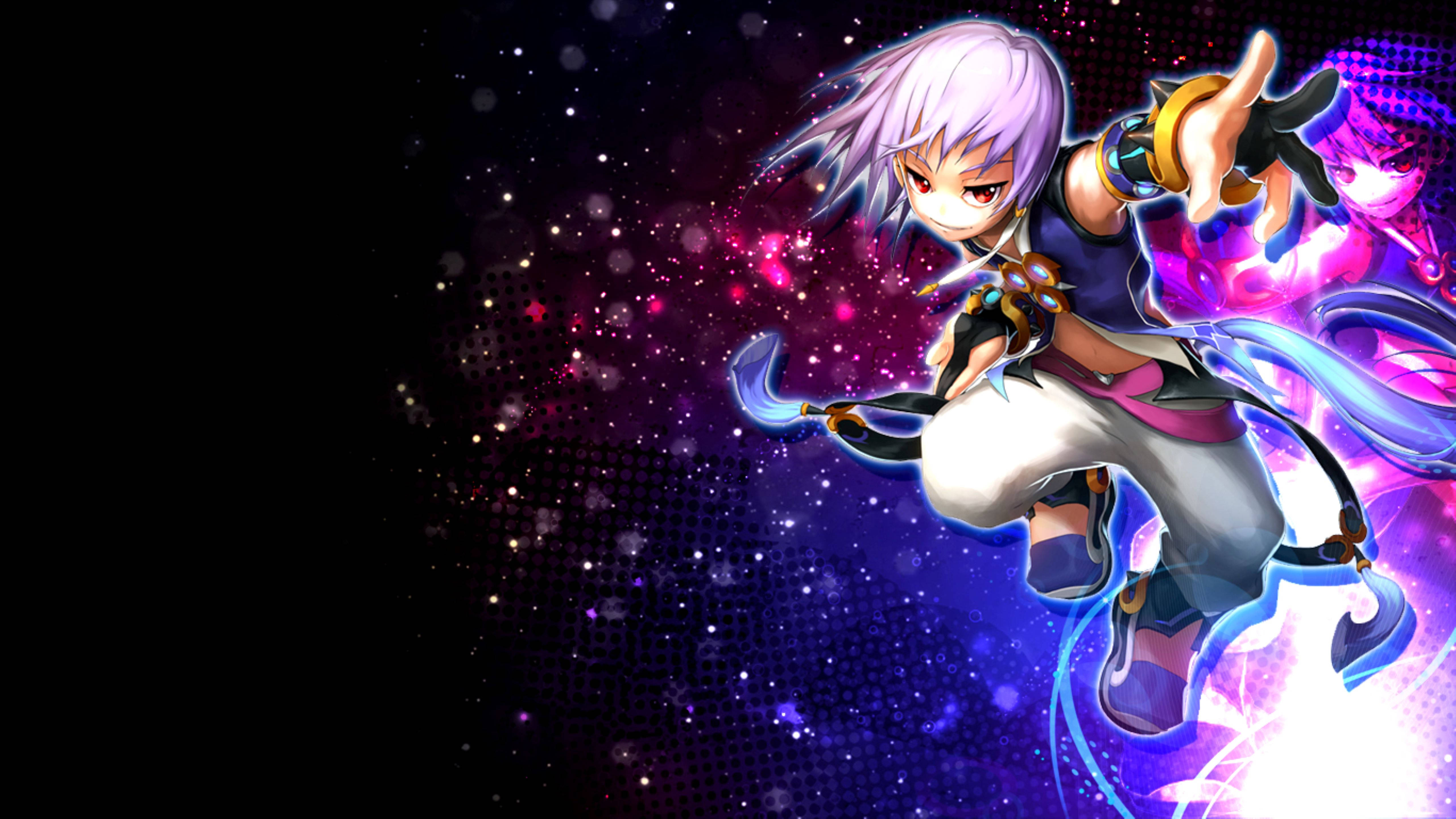 Grand Chase 遊戲角色 Asin 霓虹星際 壁紙 — 一個動態動漫角色，白髮紅眼，手持發光藍色刀刃，跳躍穿過宇宙紫色和粉紅色的星空。