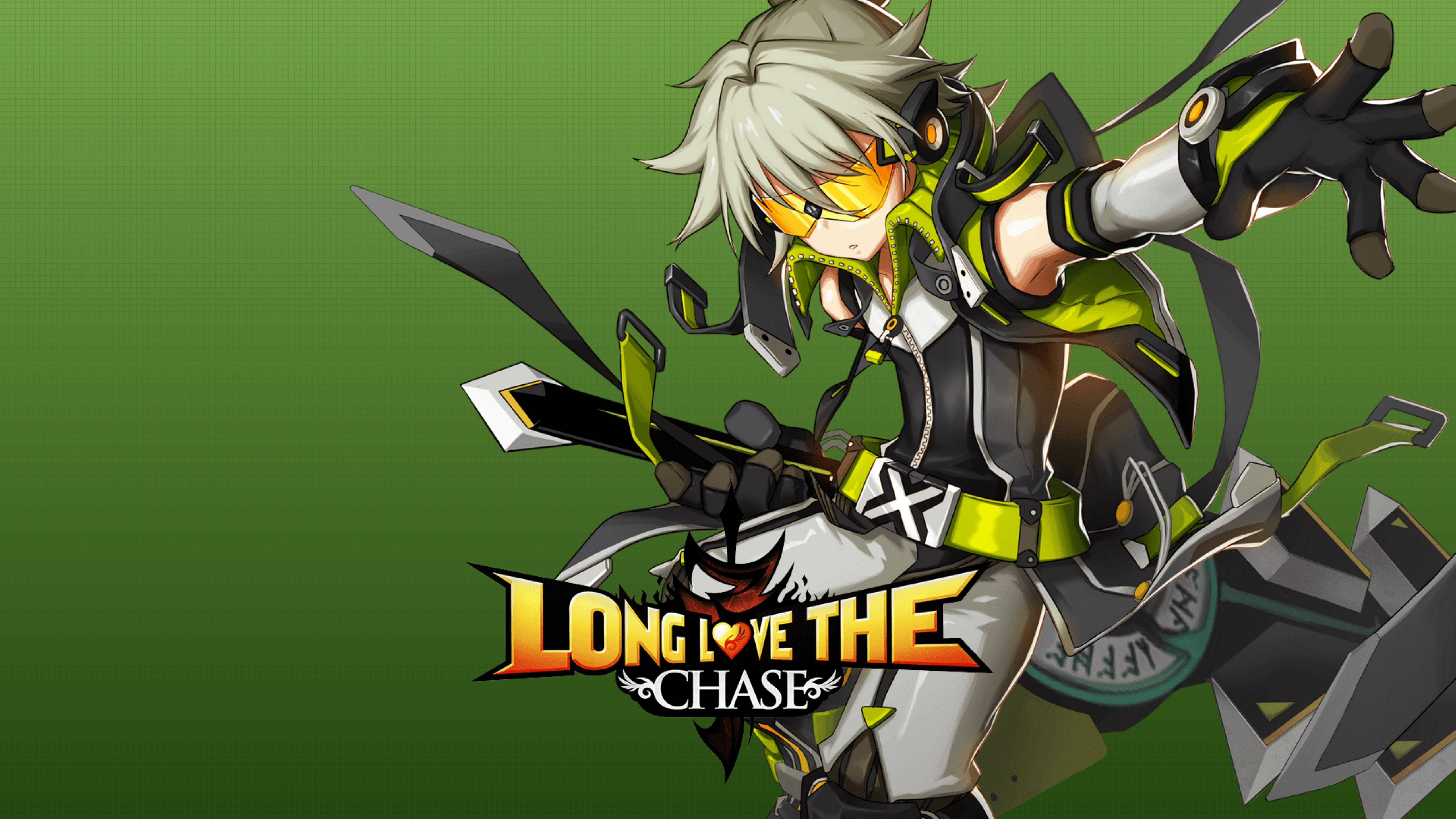 《Grand Chase》Zero Zephyrum「Long Love The Chase」 壁紙 — 一個充滿活力的動漫角色，白髮黃色護目鏡，手持未來武器，背景為純綠色。
