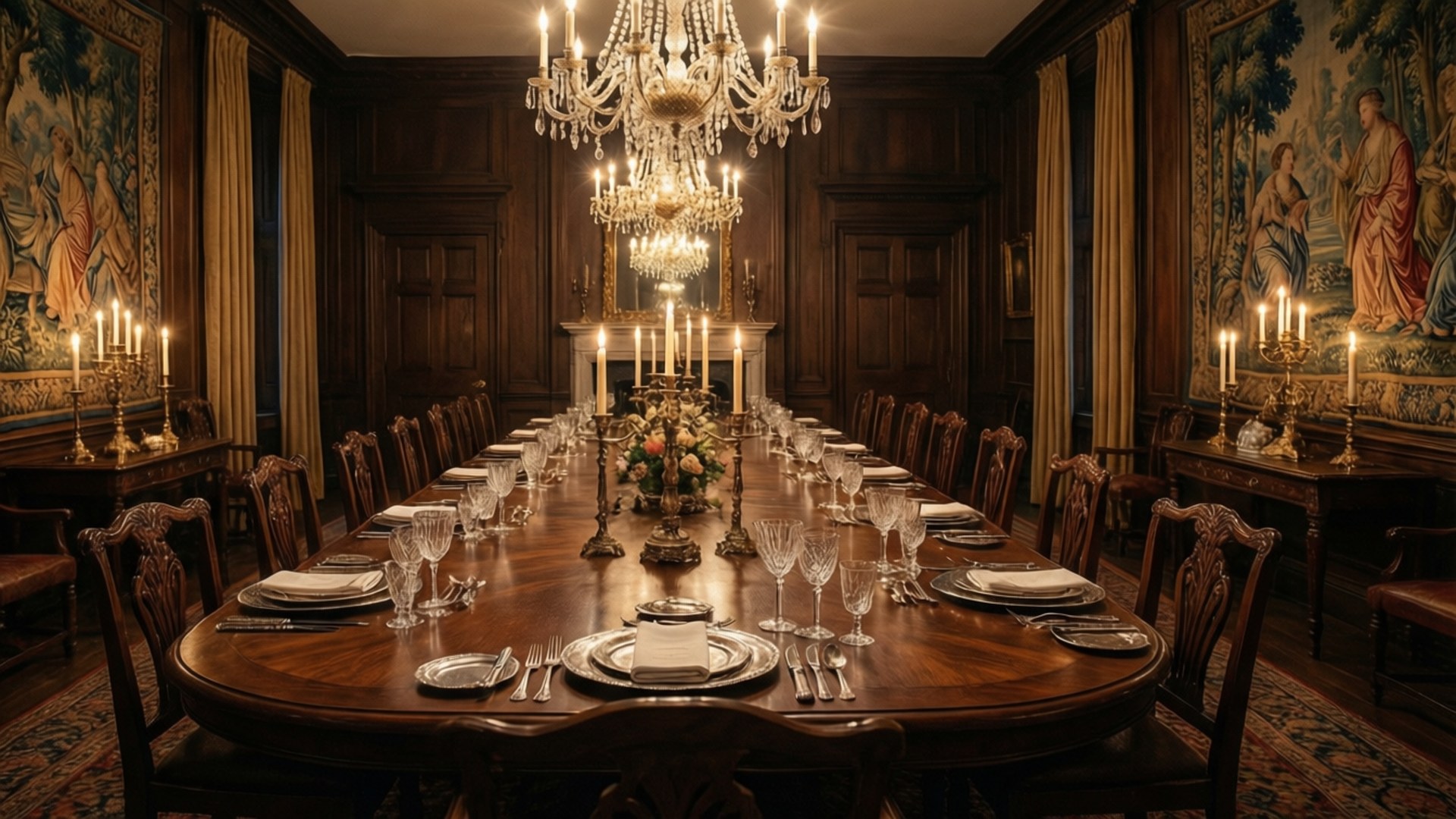Lavish Dining Room 壁紙 — 一個宏偉的餐廳，設有長木桌，在閃爍的吊燈和燭光下為正式晚宴佈置。
