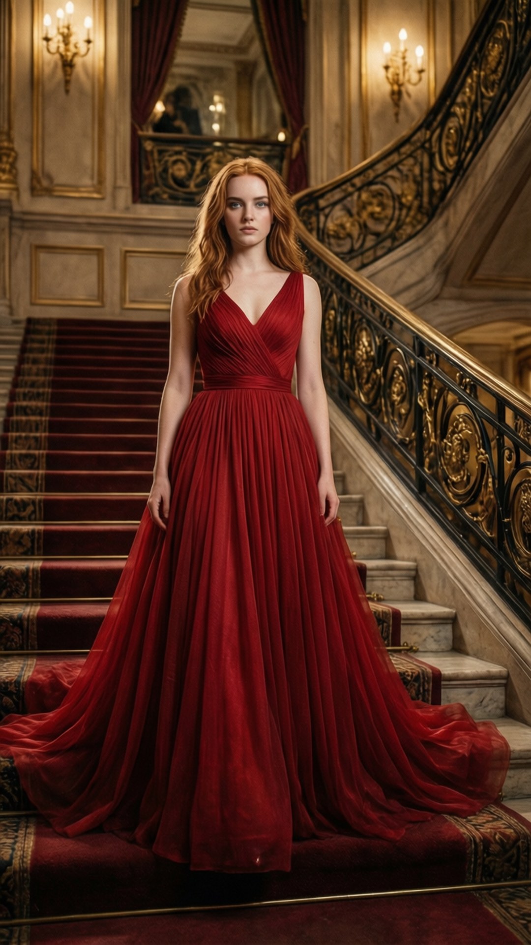 紅裙女性站在裝飾性大理石樓梯上，奢華鍍金大廳