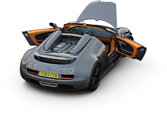 雙色布加迪威龍Grand Sport Vitesse後視圖 壁紙 — 一架時尚的銀色Bugatti Veyron，橙色內飾，剪刀門打開，在灰色圓形平台上展示其引擎。