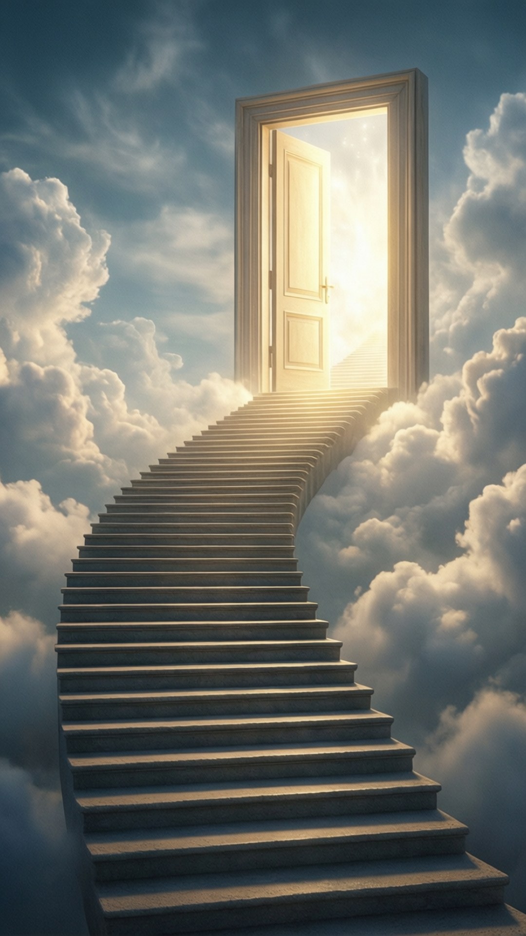 桌布 壁紙 — 一條宏偉的樓梯穿過蓬鬆的雲層，通往天空中一扇發光的敞開的門。