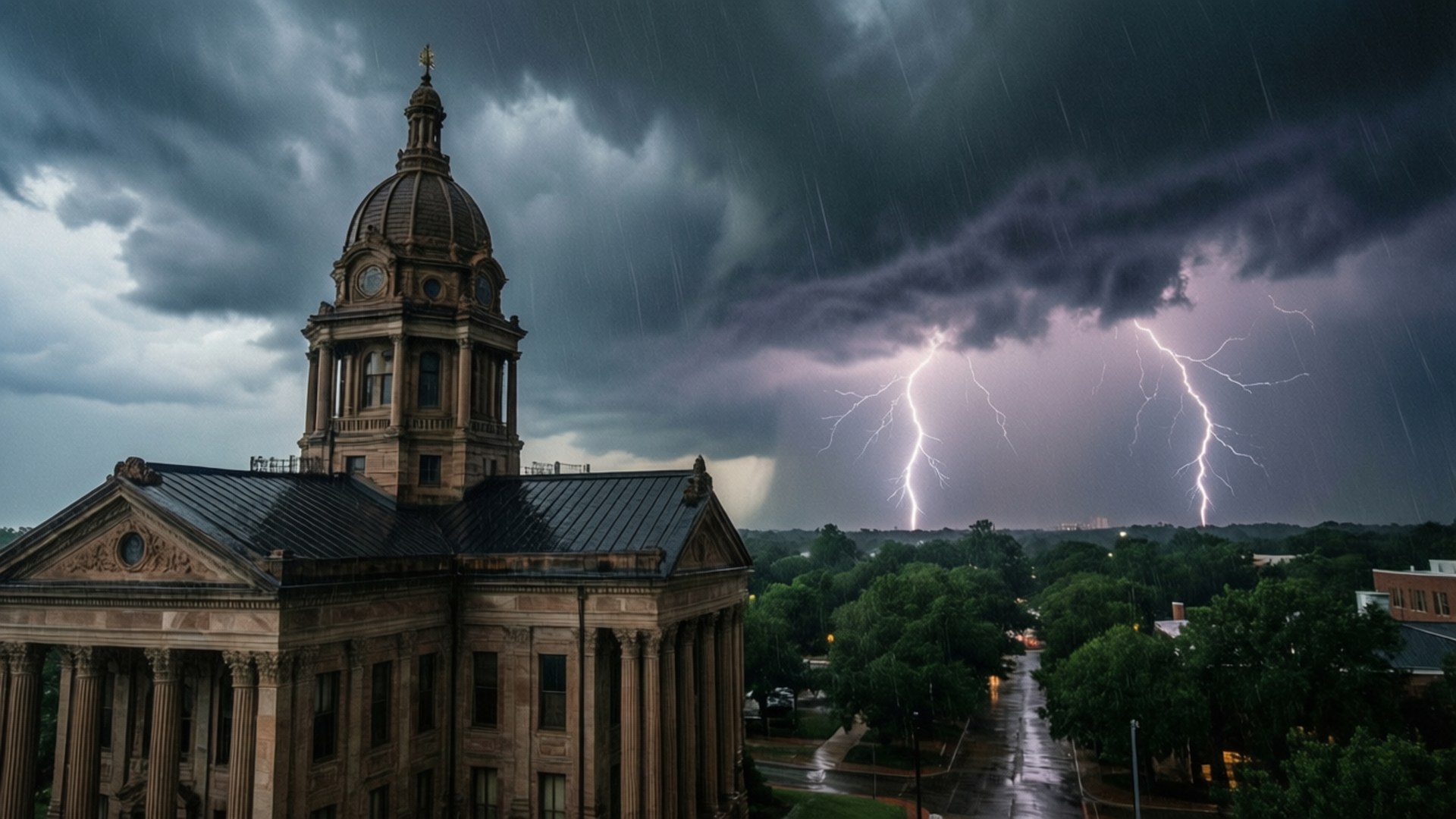 Fort Worth 桌布 壁紙 — 一座宏偉的石造法院莊嚴聳立，閃電在暴風雨的天空中分叉，照耀著雨濕的小鎮。
