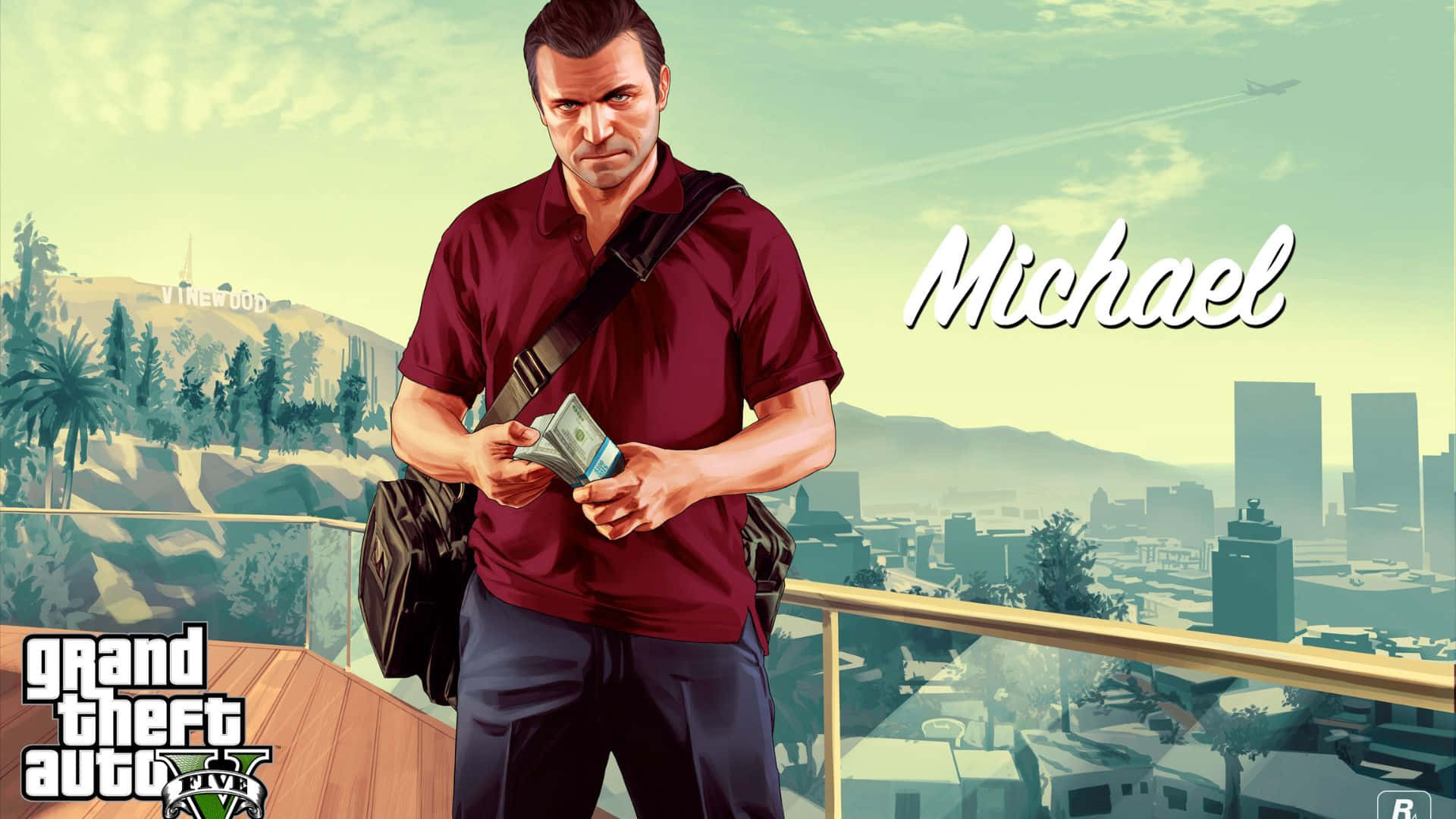 Grand Theft Auto V 高畫質壁紙 壁紙 — 《GTA V》的Michael De Santa站在屋頂陽台上數錢，背景是城市天際線和好萊塢標誌。