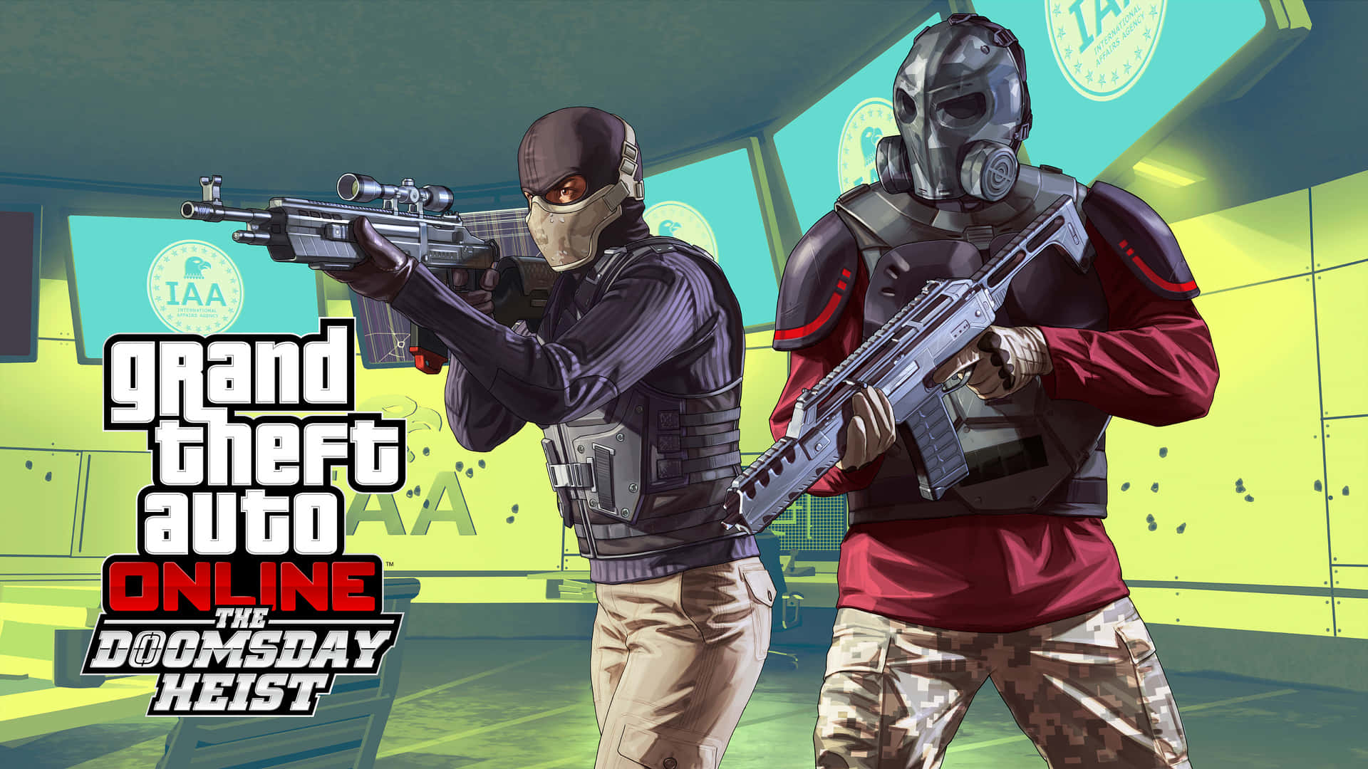 Grand Theft Auto V 最佳呈現 壁紙 — 兩名戴面具的武裝角色身穿戰術裝備，在明亮的綠色射擊場內瞄準步槍，帶有 GTA Online Doomsday Heist 標誌。