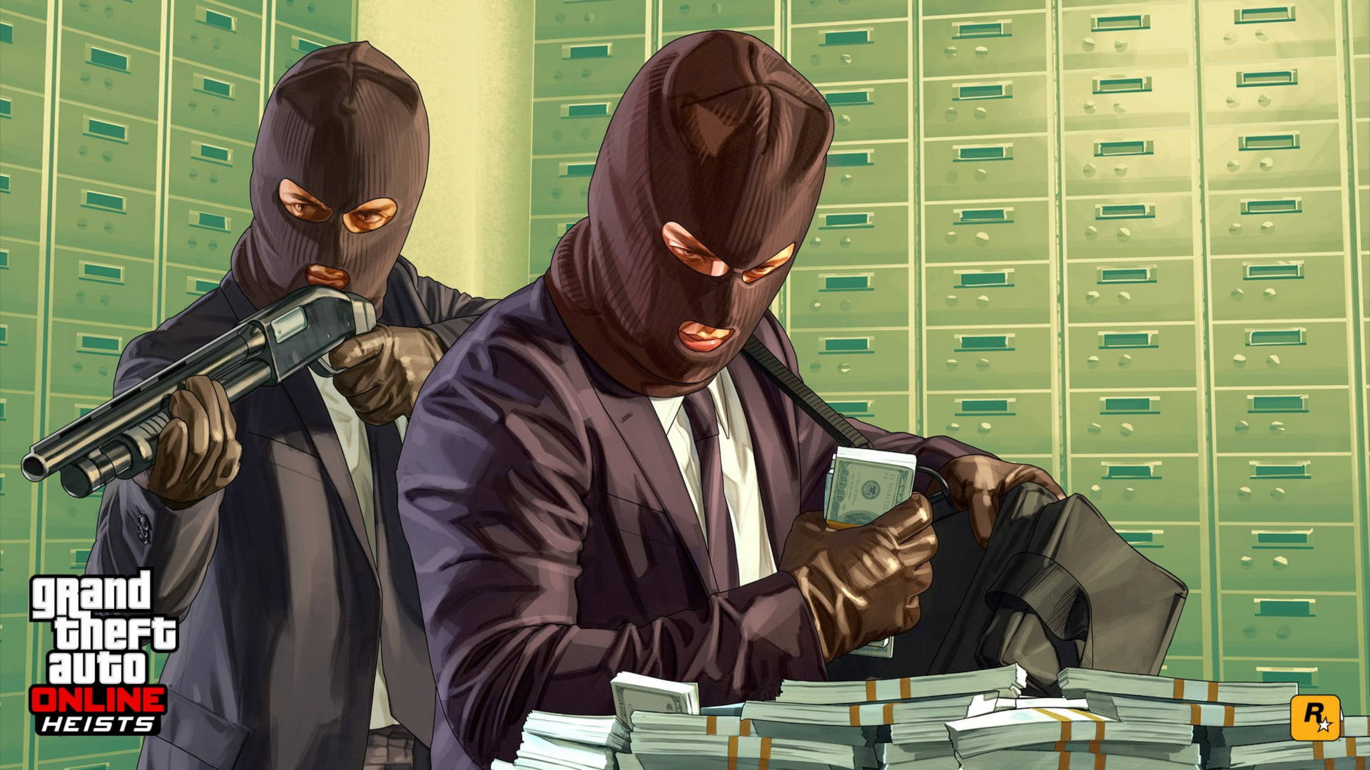 兩名蒙面劫匪在金庫中數錢，一把霰彈槍正對著他們。
