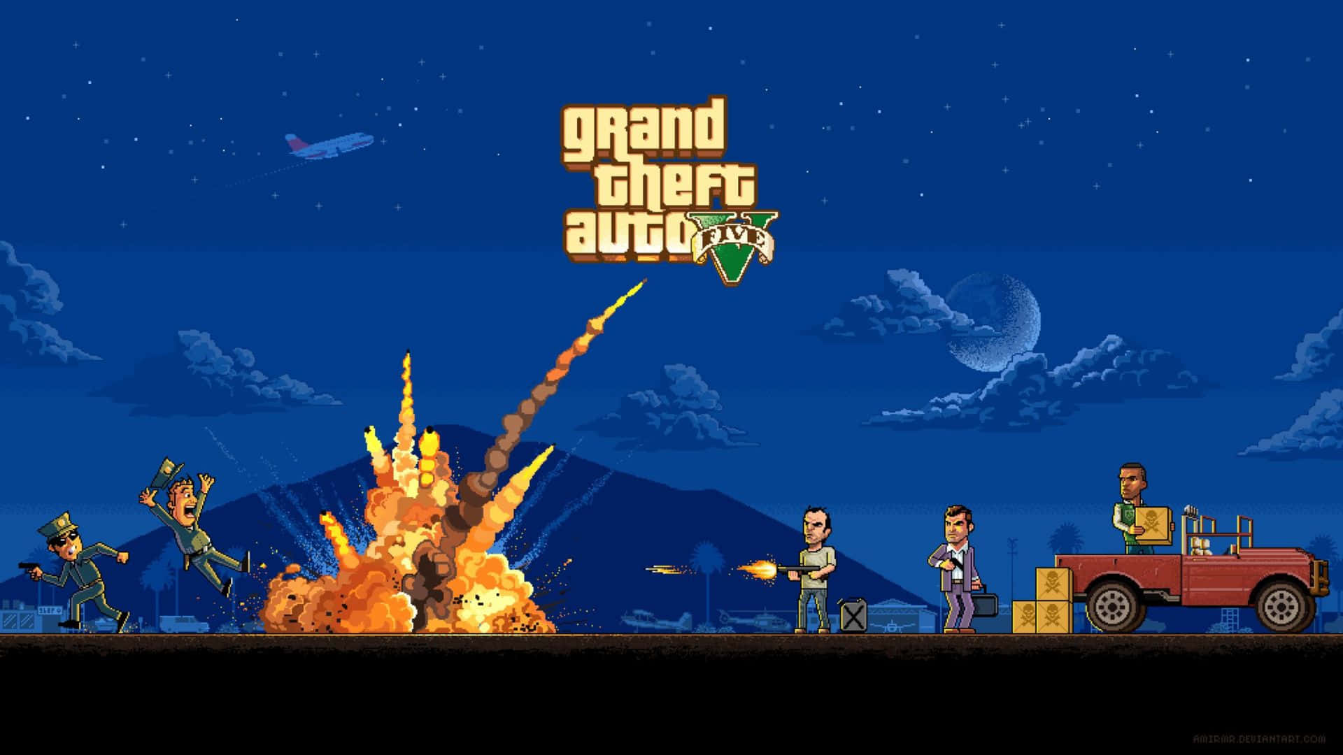Grand Theft Auto V 壁紙 — 來自《俠盜獵車手V》的像素藝術爆炸場景，在星空下，有角色和一輛紅色卡車。