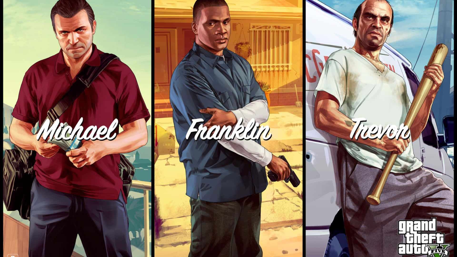 Grand Theft Auto V 領域中令人著迷的氛圍 壁紙 — 《Grand Theft Auto V》的三位主角自信地站在不同的面板中，各自手持武器，背景為城市景觀。