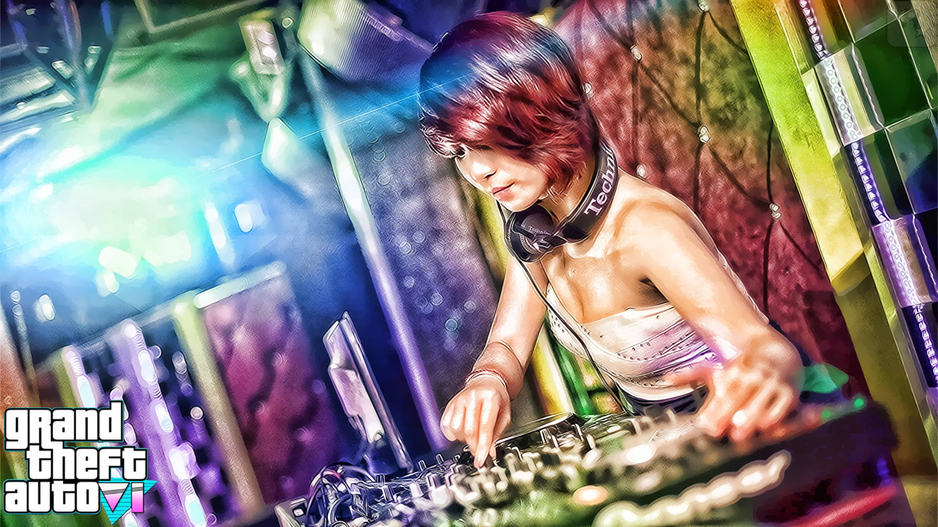 在GTA V的霓虹夜總會中混音的紅髮女DJ。