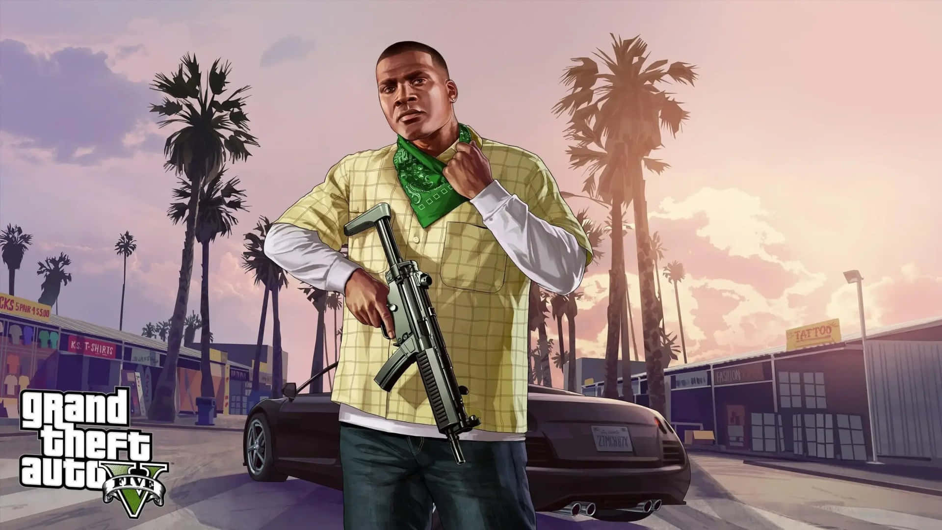 GTA V角色在棕櫚樹街道上手持步槍，夕陽西下