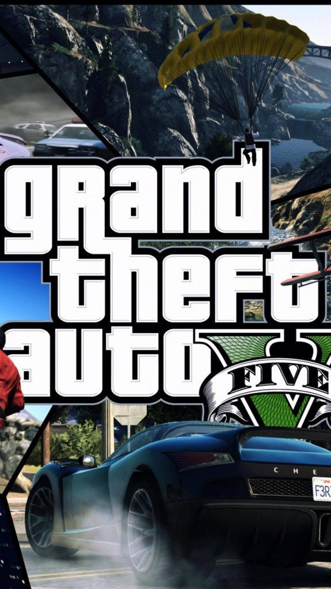 Grand Theft Auto V 桌布 壁紙 — Grand Theft Auto V 場景的動態拼貼，包括高速藍色跑車、跳傘人物和岩石山地地形。
