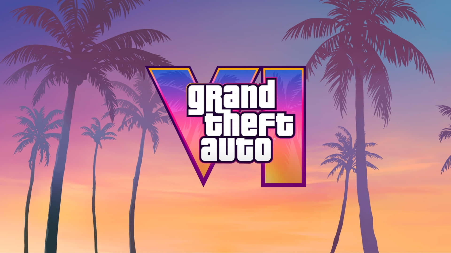  壁紙 — Grand Theft Auto V 標誌在棕櫚樹剪影襯托下的鮮豔日落天空中發光。