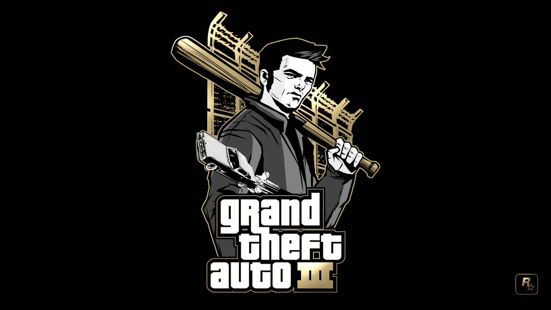 Grand Theft Auto III 標誌，角色手持球棍和槍
