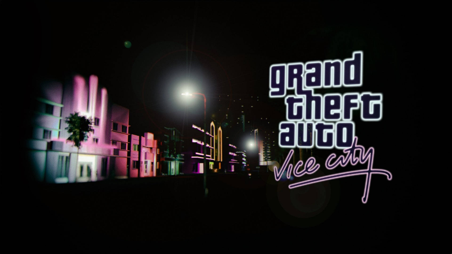 夜晚霓虹燈照亮嘅城市街道，帶有Grand Theft Auto Vice City標誌。