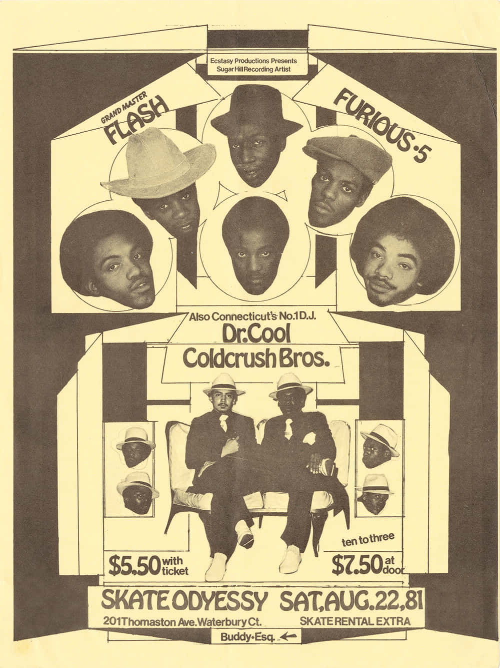 Grandmaster Flash And The Furious Five 古董海報 壁紙 — 1981年Grandmaster Flash and Furious Five的復古演唱會海報，採用大膽的圖形設計和風格化肖像。