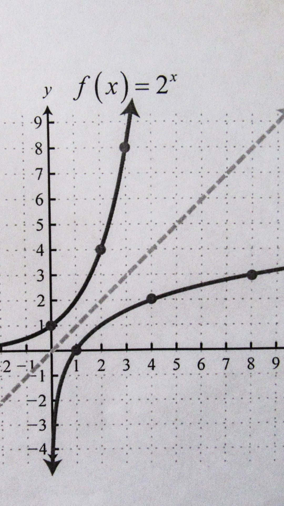  壁紙 — 指數函數 f(x) = 2^x 的圖形，繪製在帶有標籤軸和繪製點的網格上。