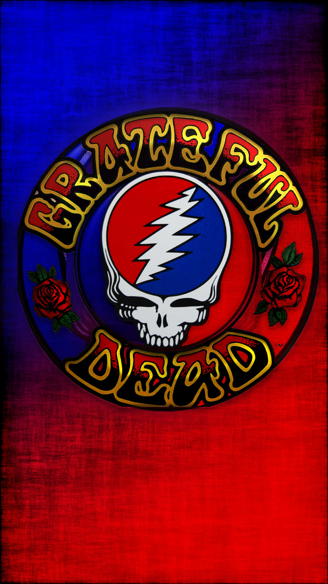 Grateful Dead標誌，骷髏頭和玫瑰，紅藍漸變背景