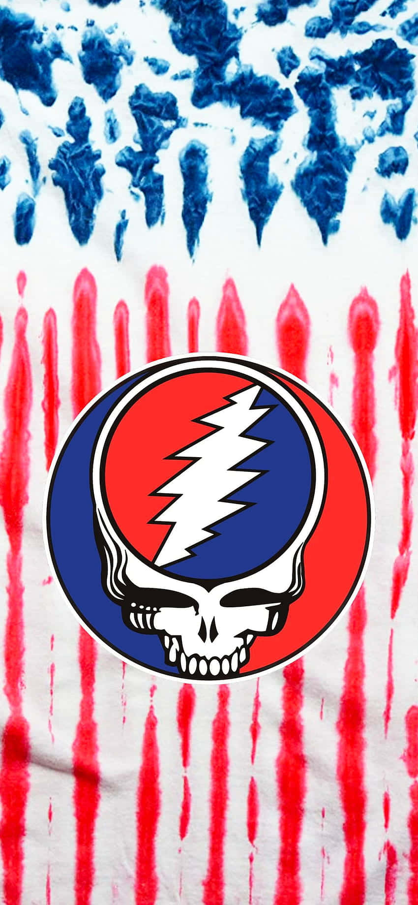 Grateful Dead骷髏頭標誌在紅色和藍色紮染背景上。