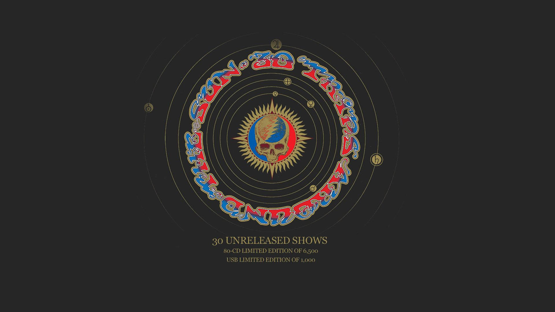 Grateful Dead宇宙風格骷髏標誌，帶有同心圓和發行資訊，背景為深色。