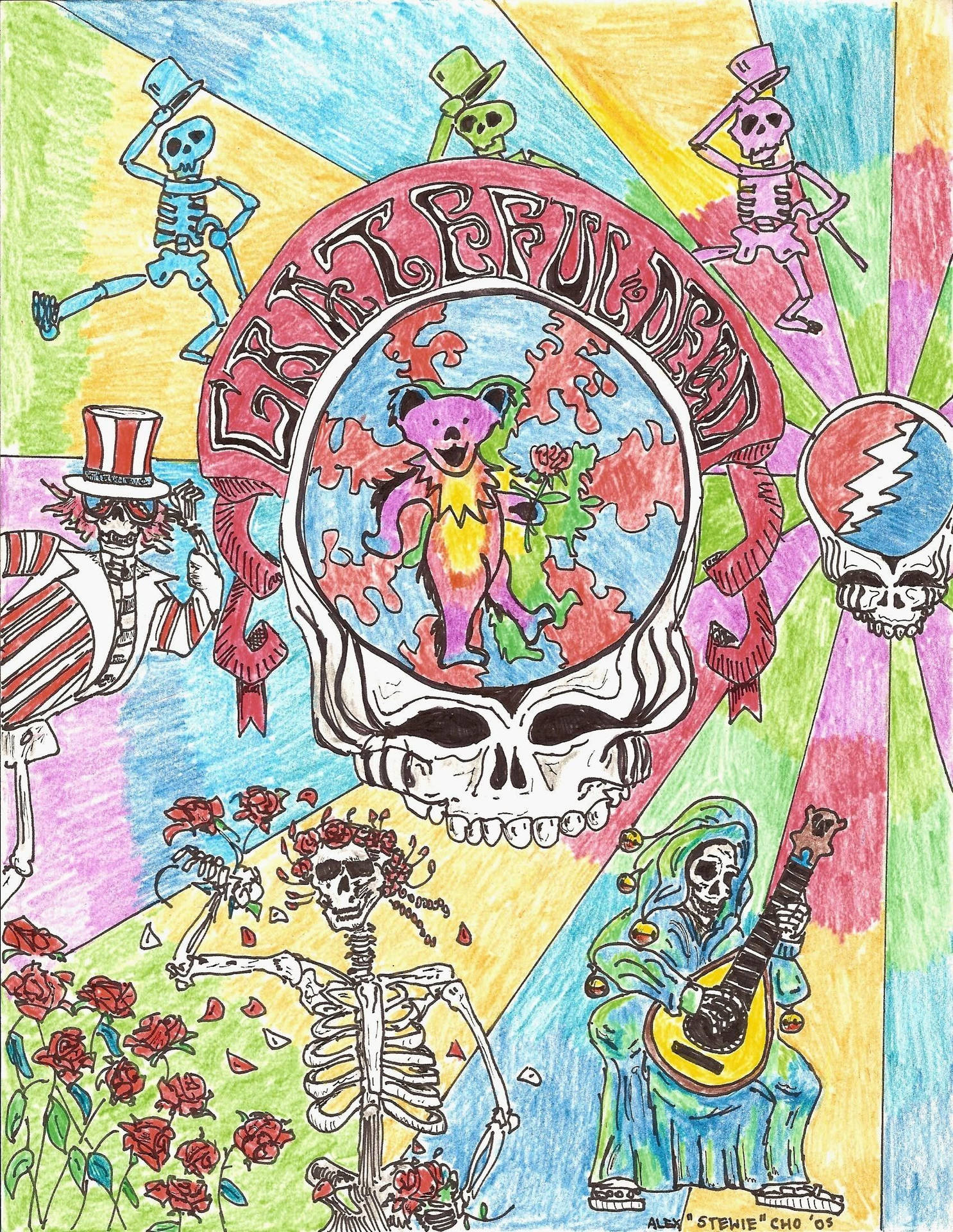 超現實插圖，骷髏圍繞著一個內有熊的骷髏頭跳舞。