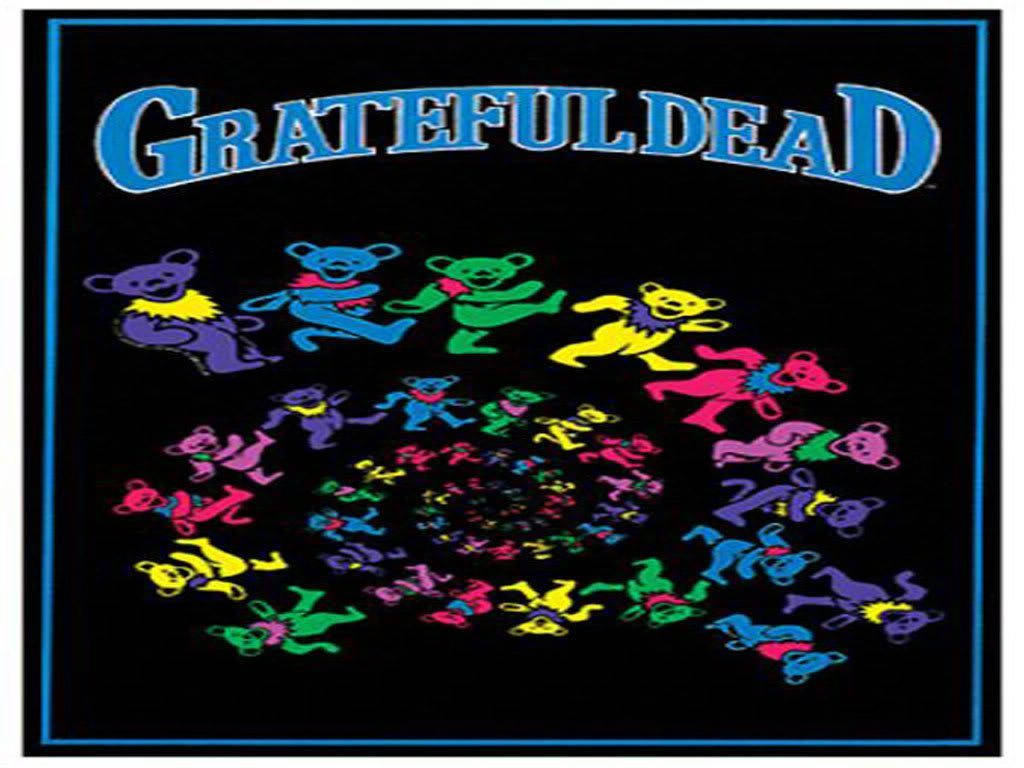 色彩繽紛的跳舞熊呈螺旋圖案，上方有「Grateful Dead」文字。