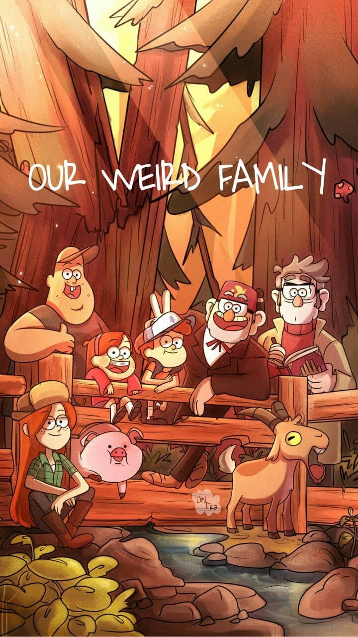 「Gravity Falls 的古怪與奇妙家族」 壁紙 — 一個卡通家庭，有一隻豬和一隻山羊，聚集在巨樹下溫暖的森林空地中。
