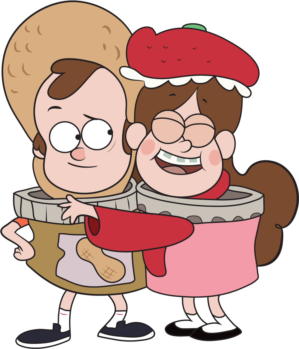Gravity Falls 迪普與梅貝爾·平斯服裝造型 壁紙 — 兩個卡通人物打扮成花生醬和果醬罐，在黑色背景前開心地擁抱。