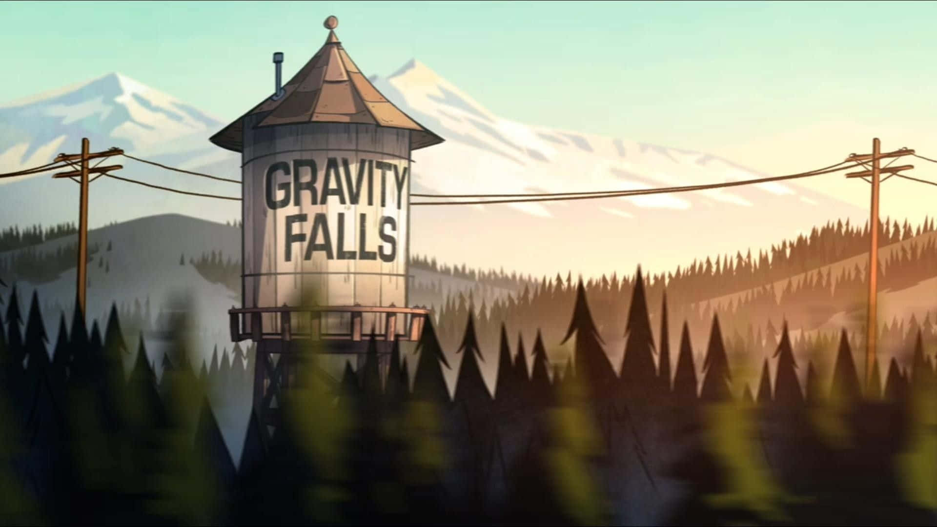 夕陽下森林中的Gravity Falls水塔和積雪山峰。