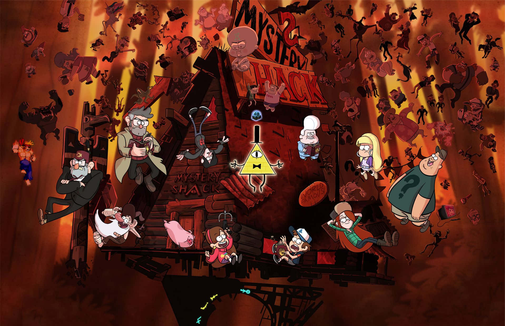 卡通角色在熾熱的混亂中從燃燒的 Mystery Shack 中衝出。