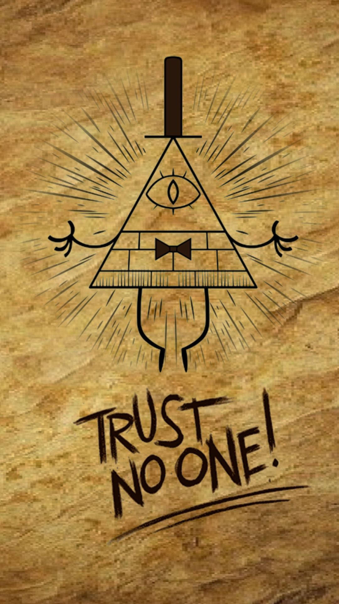 在 Gravity Falls 別輕信任何人 壁紙 — 一個風格化的三角形圖案，帶有眼睛和蝴蝶結，在舊羊皮紙上放射出線條，並有粗體文字 trust no one。